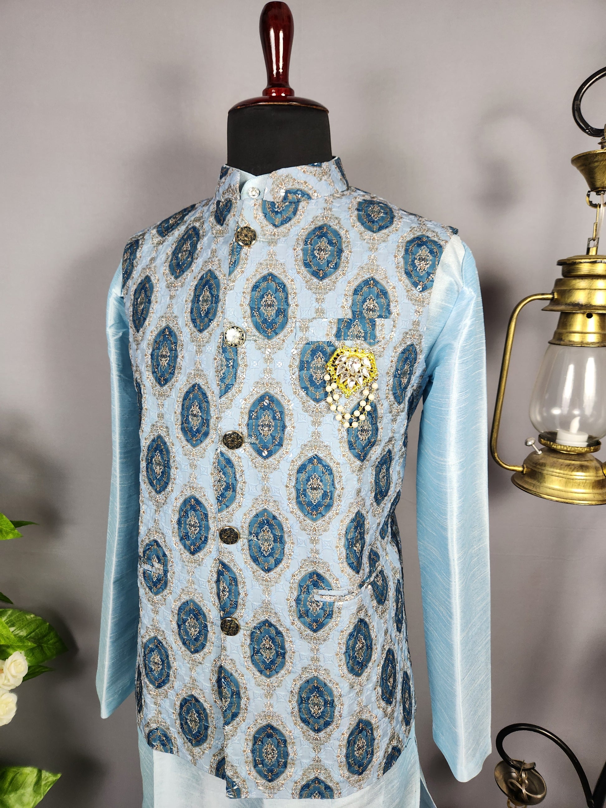 Sky Blue Kurta Jacket Set for Wedding – Designer Indian Outfit
