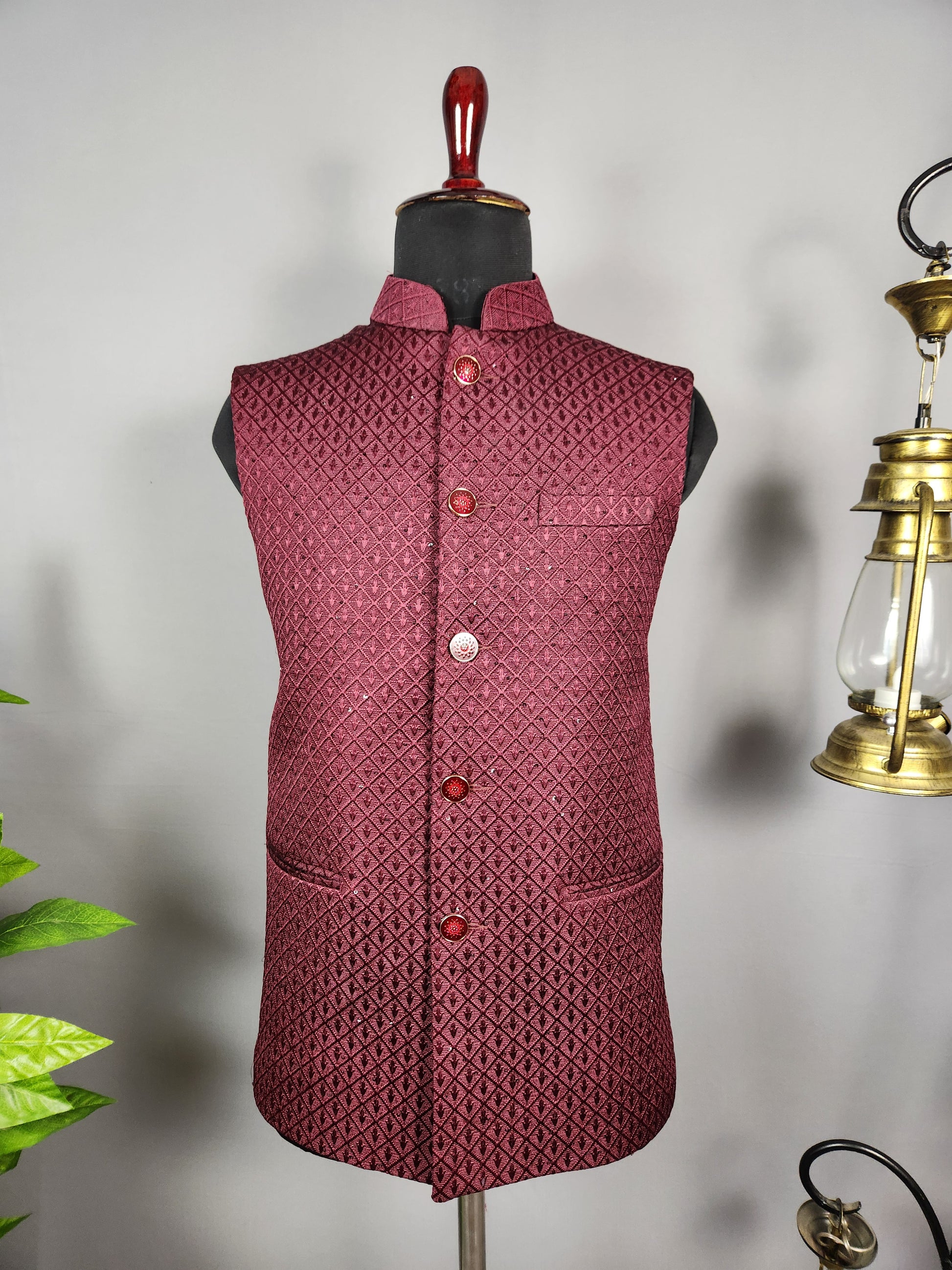 Red nehru jacket for men - Indian ethnic waistcoat ideal for weddings, festive events, and traditional functions
