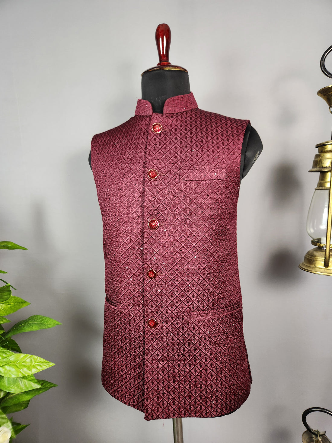 Red nehru jacket for men - Indian ethnic waistcoat ideal for weddings, festive events, and traditional functions
