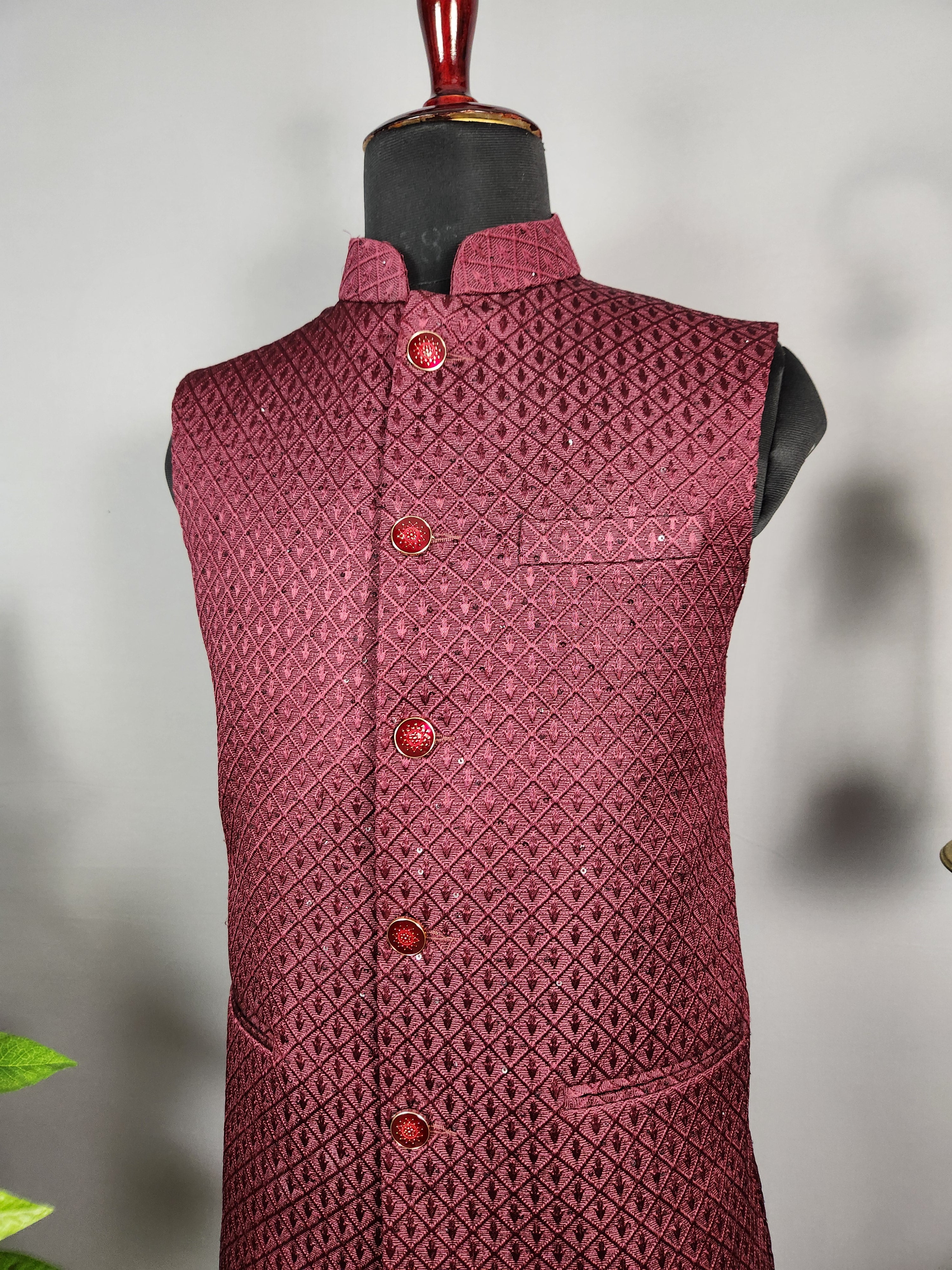Red nehru jacket for men - Indian ethnic waistcoat ideal for weddings, festive events, and traditional functions
