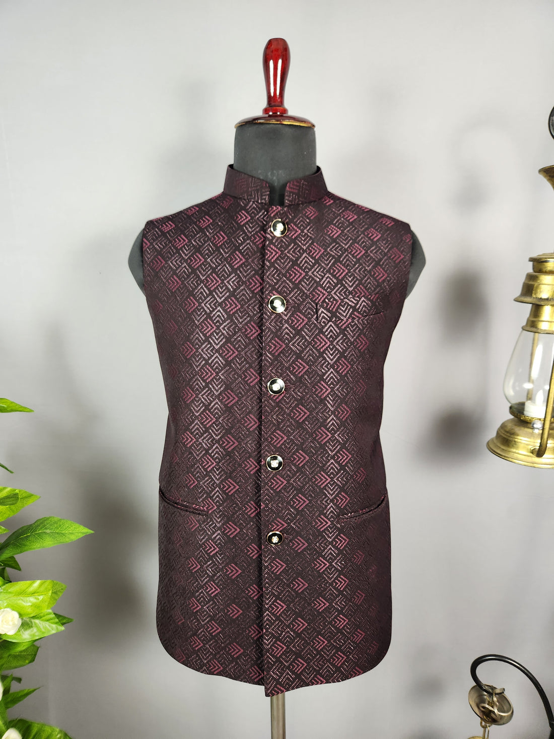 Wine nehru jacket for men - Indian ethnic waistcoat ideal for weddings, festive events, and traditional functions
