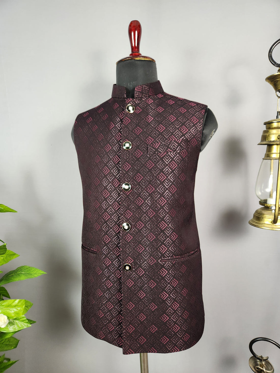 Wine nehru jacket for men - Indian ethnic waistcoat ideal for weddings, festive events, and traditional functions
