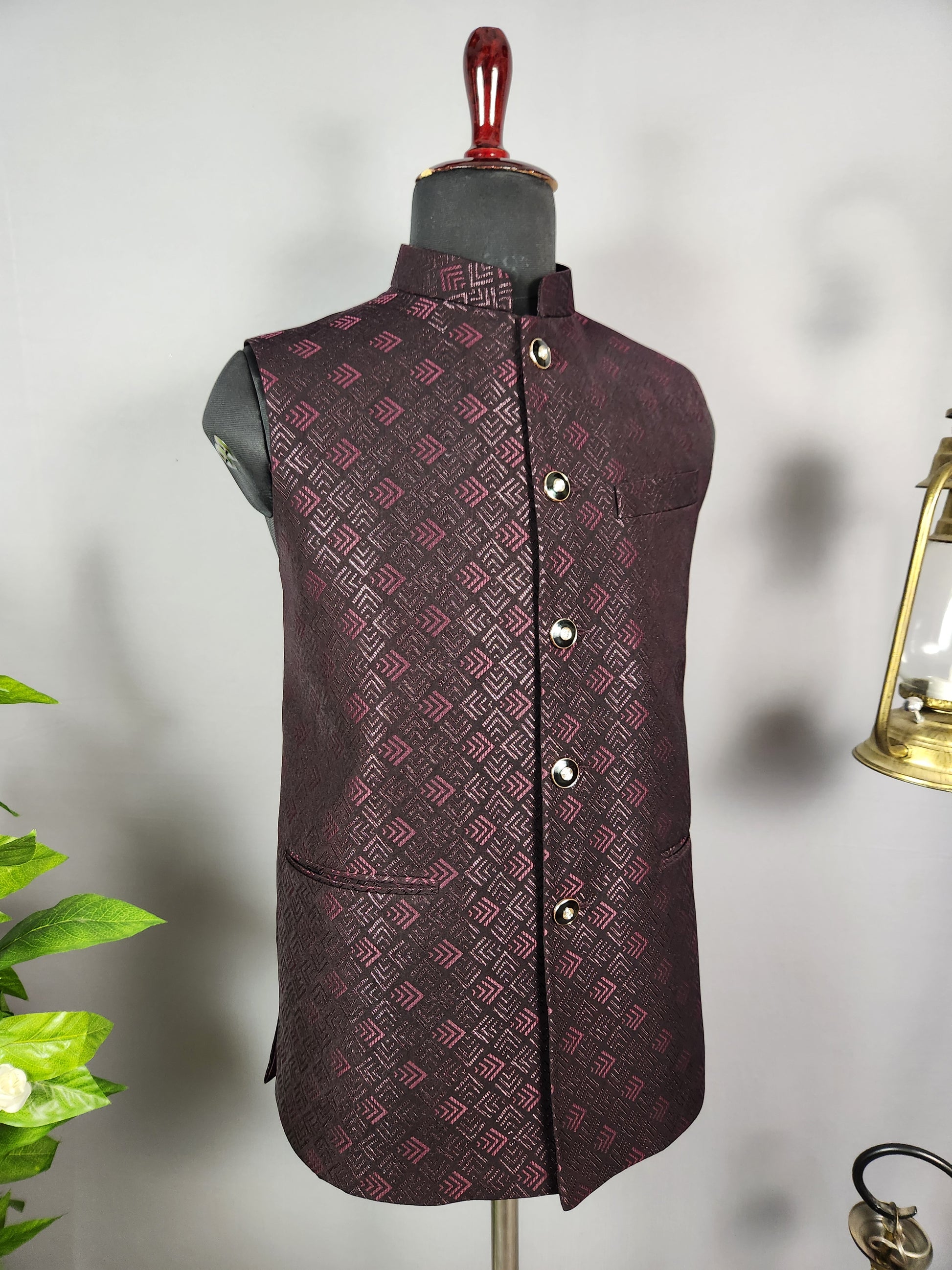 Wine nehru jacket for men - Indian ethnic waistcoat ideal for weddings, festive events, and traditional functions
