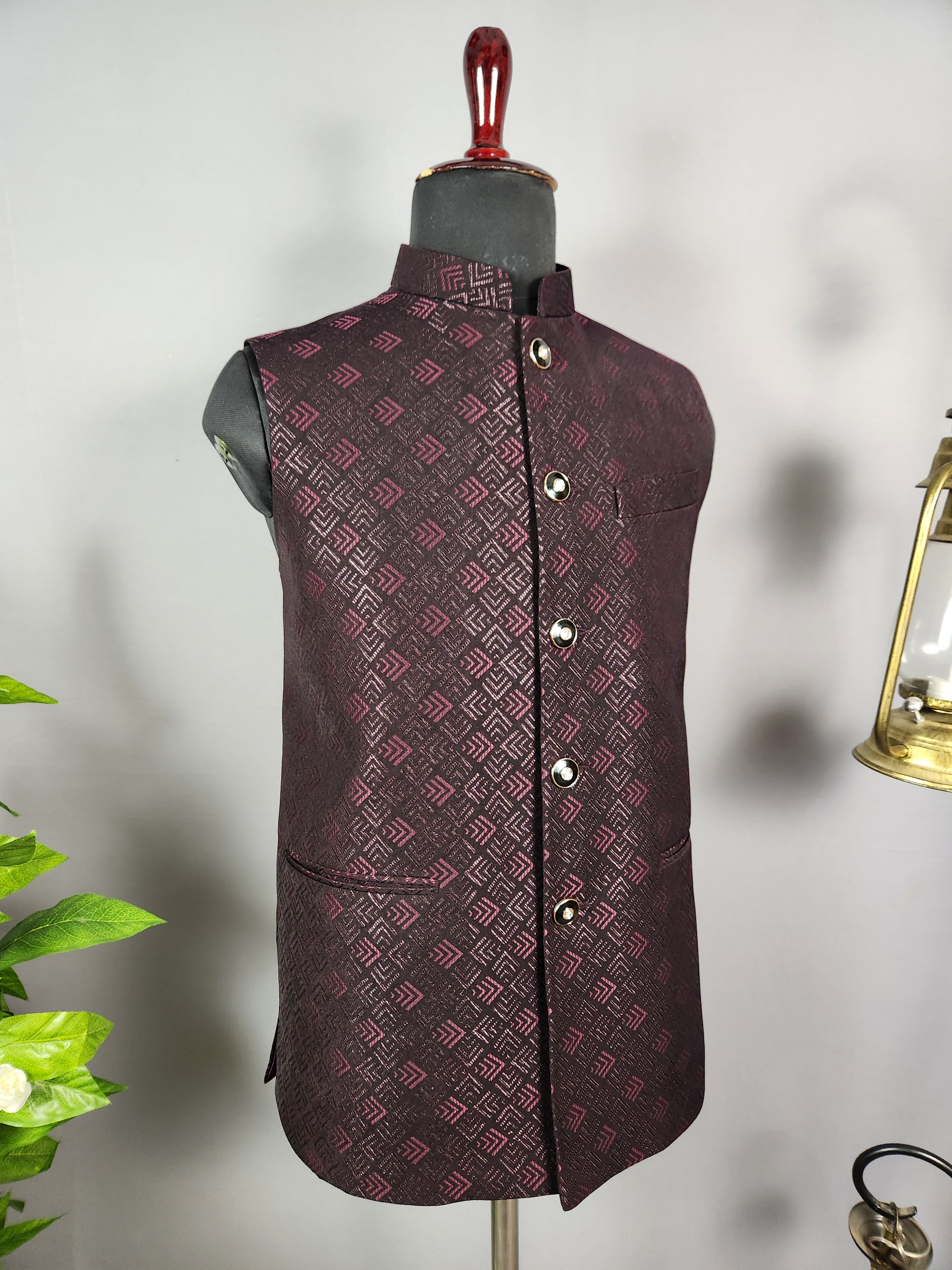 Wine nehru jacket for men - Indian ethnic waistcoat ideal for weddings, festive events, and traditional functions
