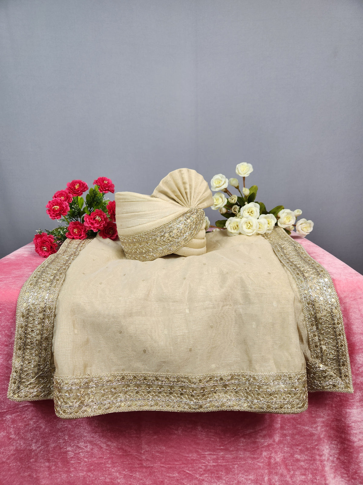 Golden Benarasi Groom Turban Shawl | Dupatta Safa Set For Men