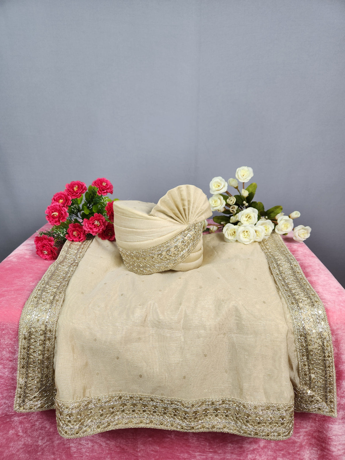 Golden Benarasi Groom Turban Shawl | Dupatta Safa Set For Men