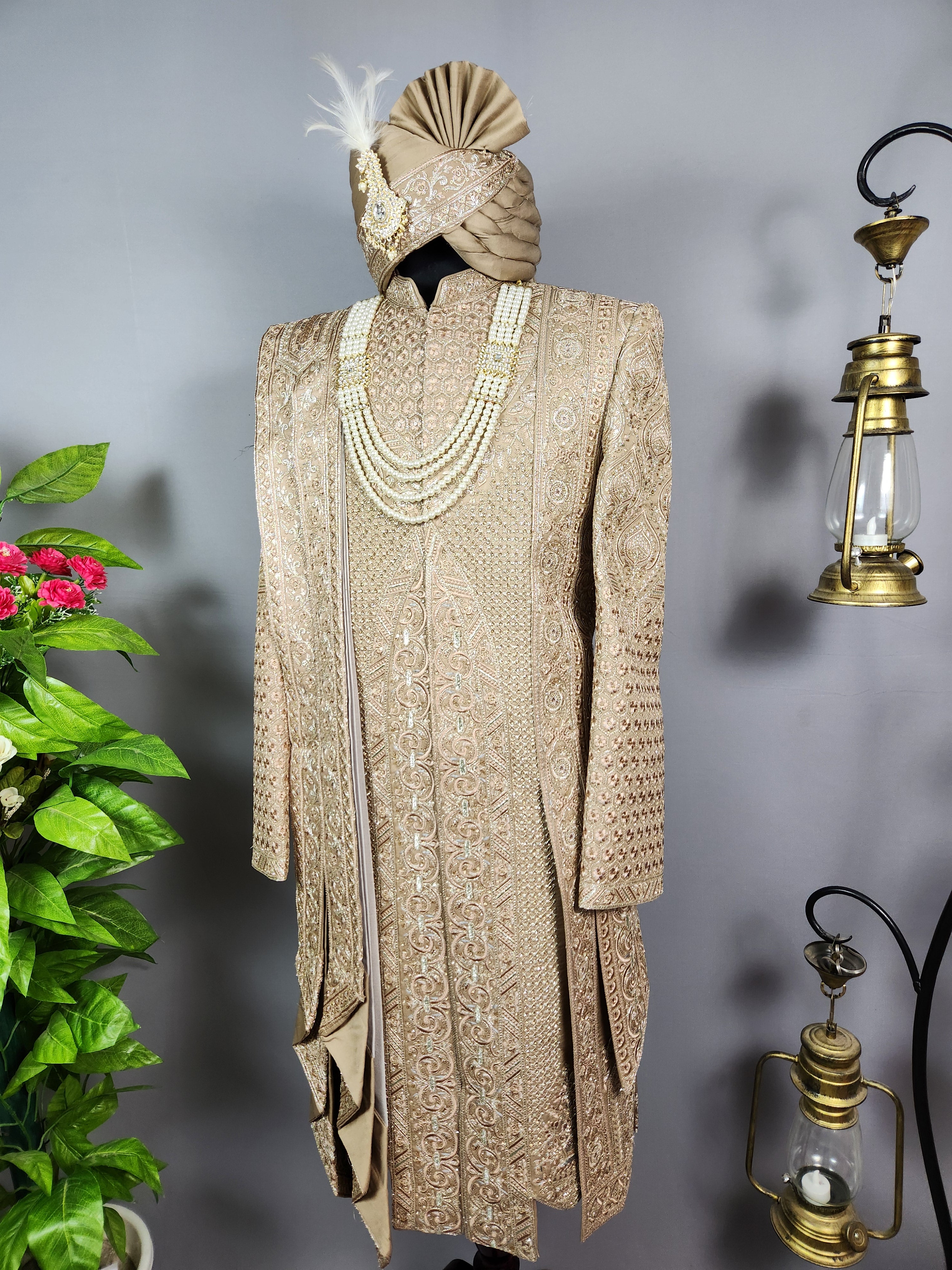 Golden Brown Groom Sherwani - 2 Layer Style | Sherwani For Men