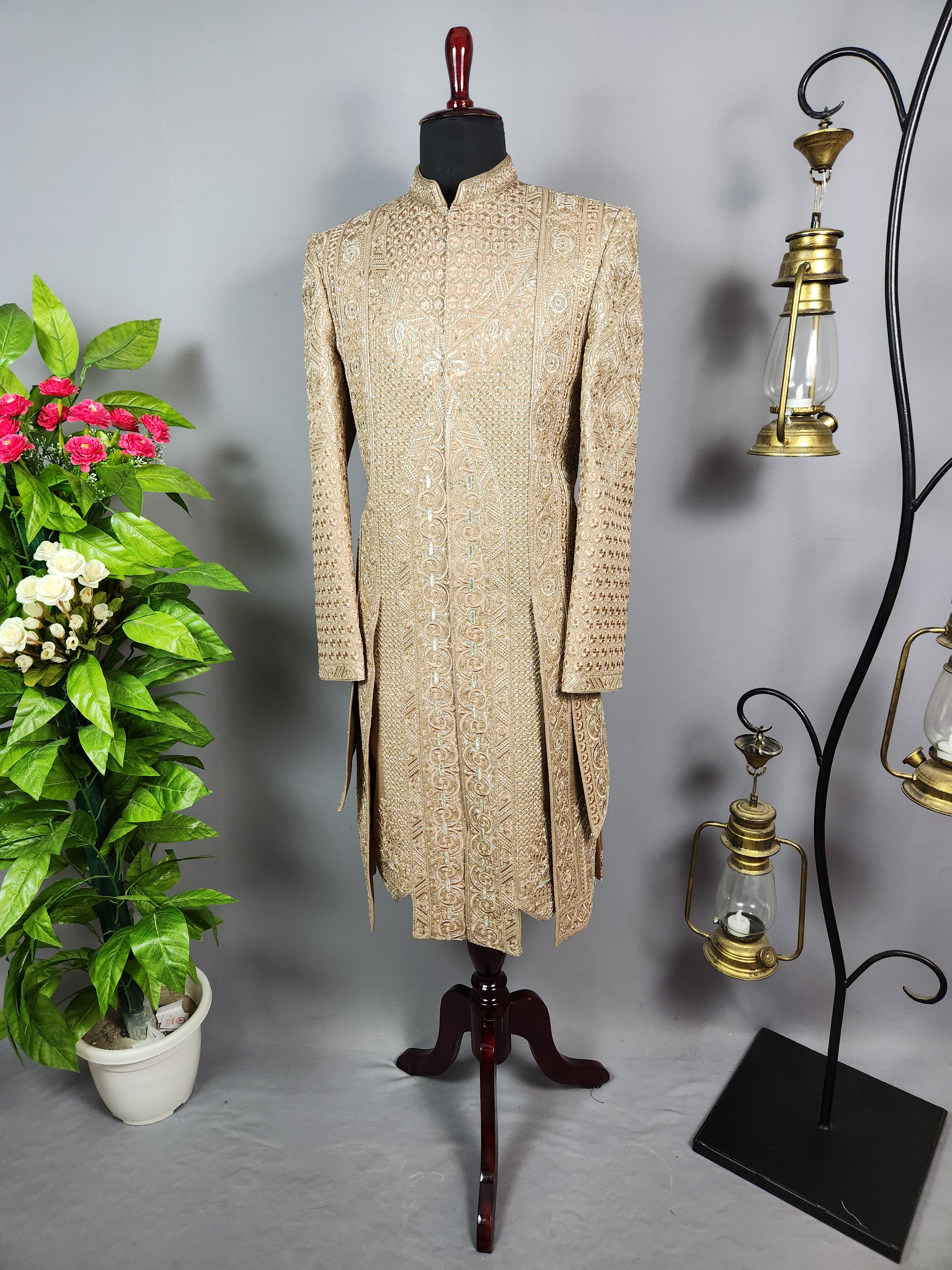 Golden Brown Groom Sherwani - 2 Layer Style | Sherwani For Men