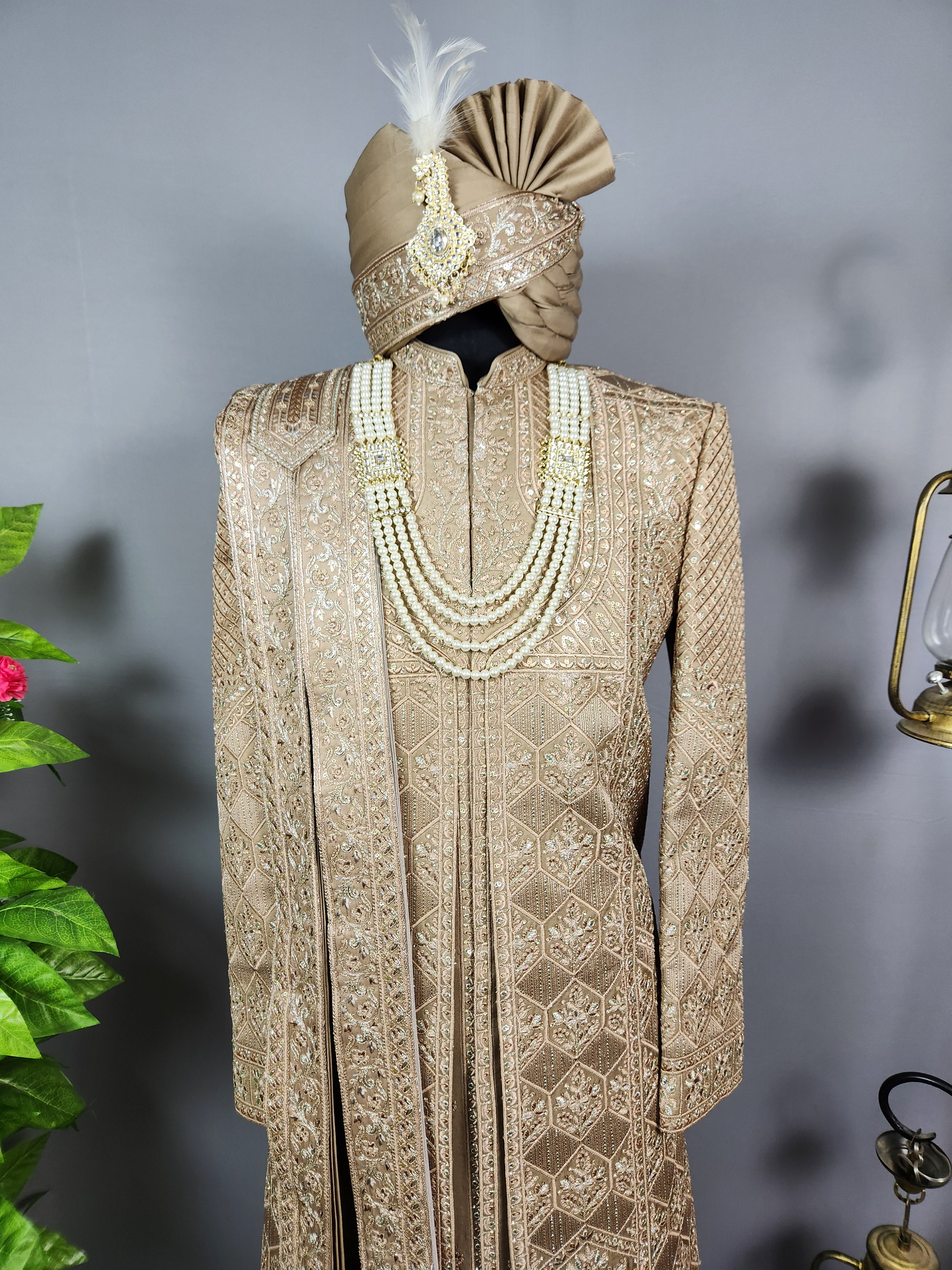 Golden Brown Groom Sherwani - Zari Embroidery | Sherwani For Men