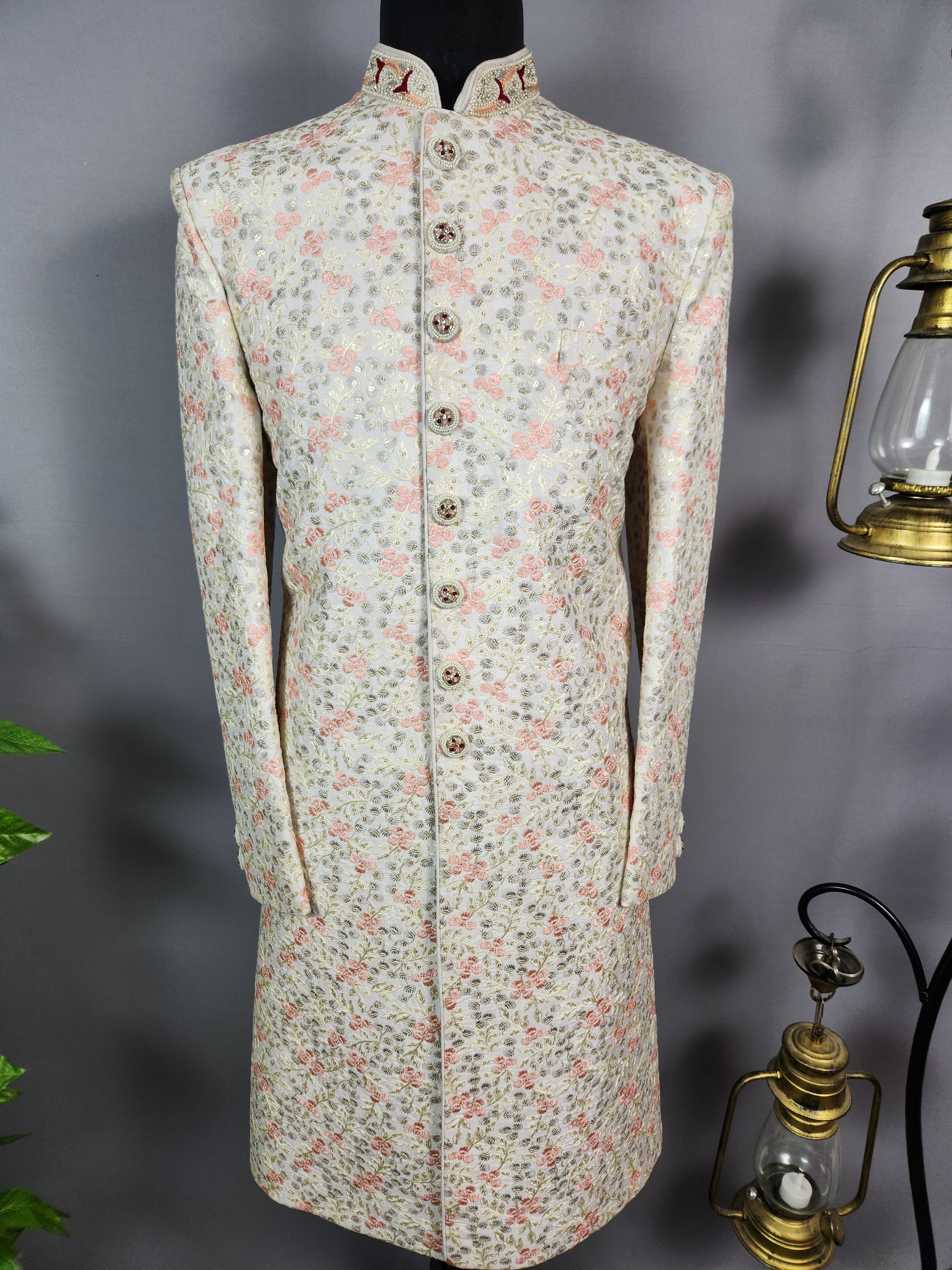 White Wedding Groom Sherwani - Pink Thread Embroidery | Sherwani For Men