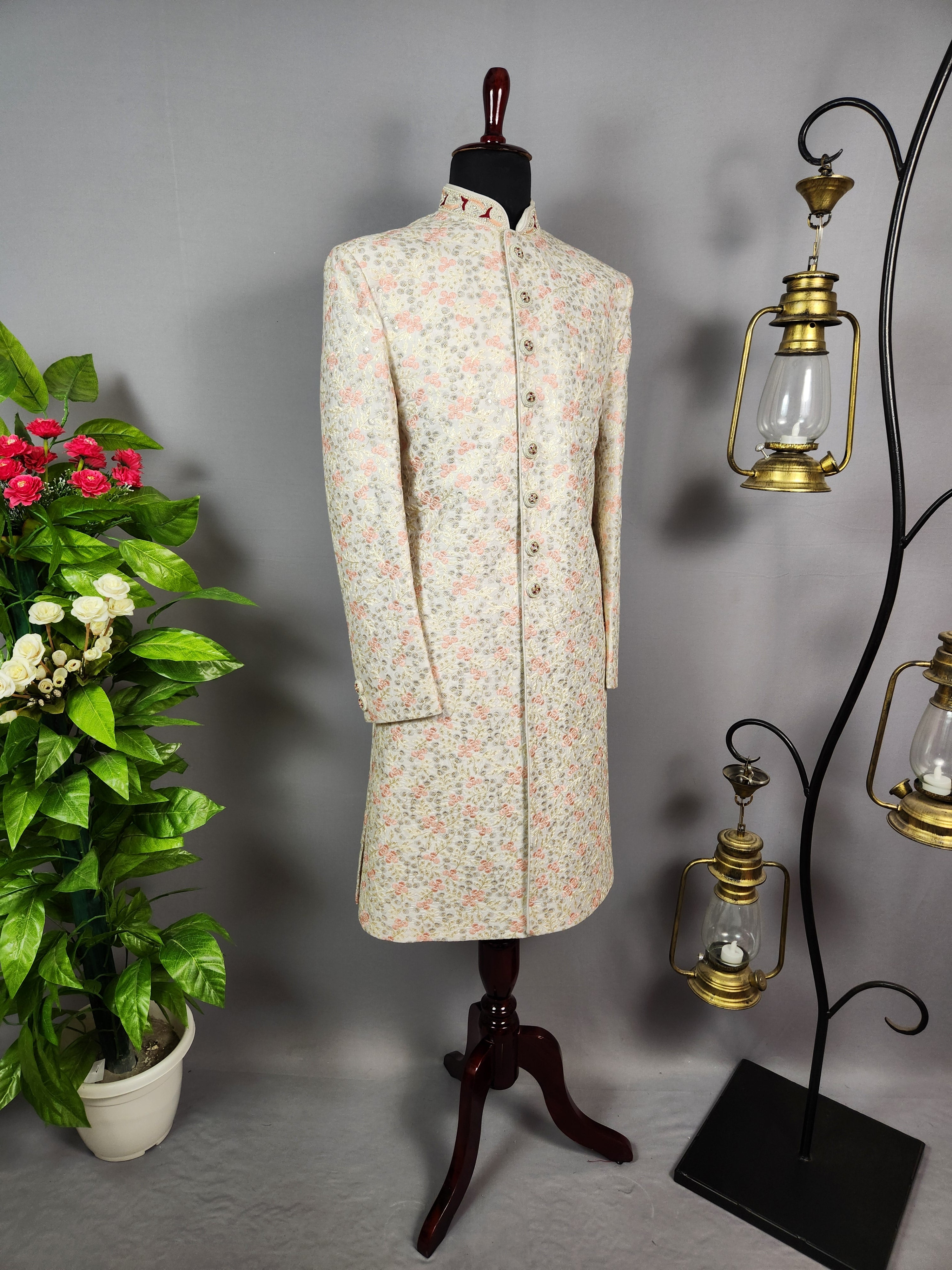 White Wedding Groom Sherwani - Pink Thread Embroidery | Sherwani For Men