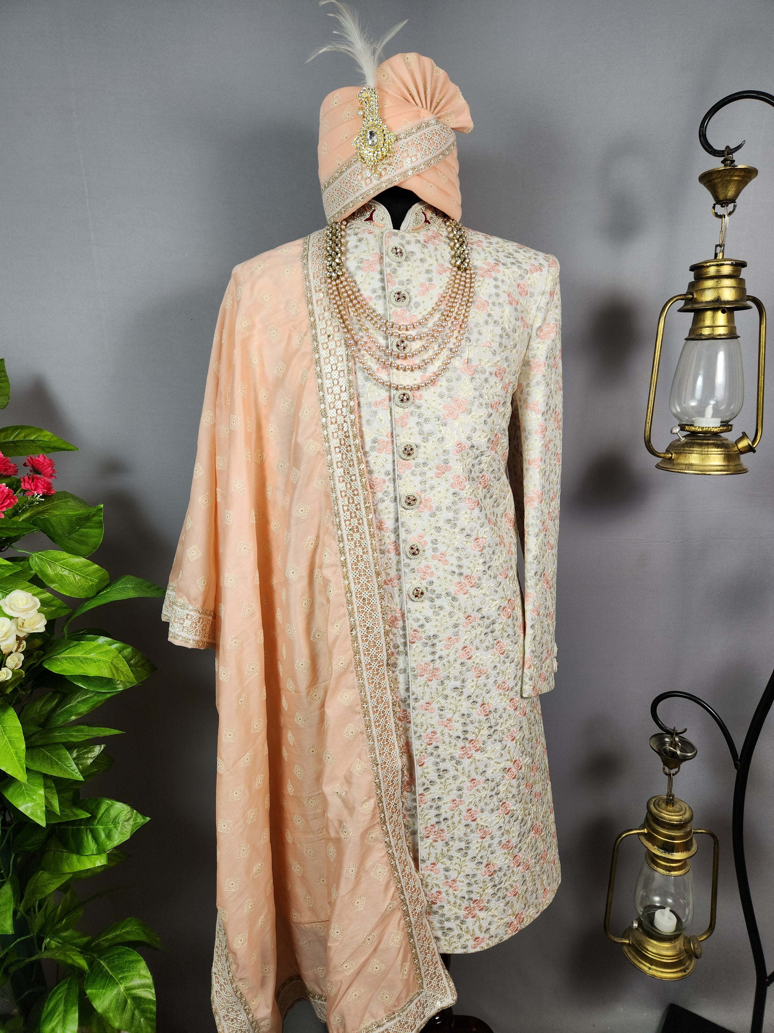 White Wedding Groom Sherwani - Pink Thread Embroidery | Sherwani For Men