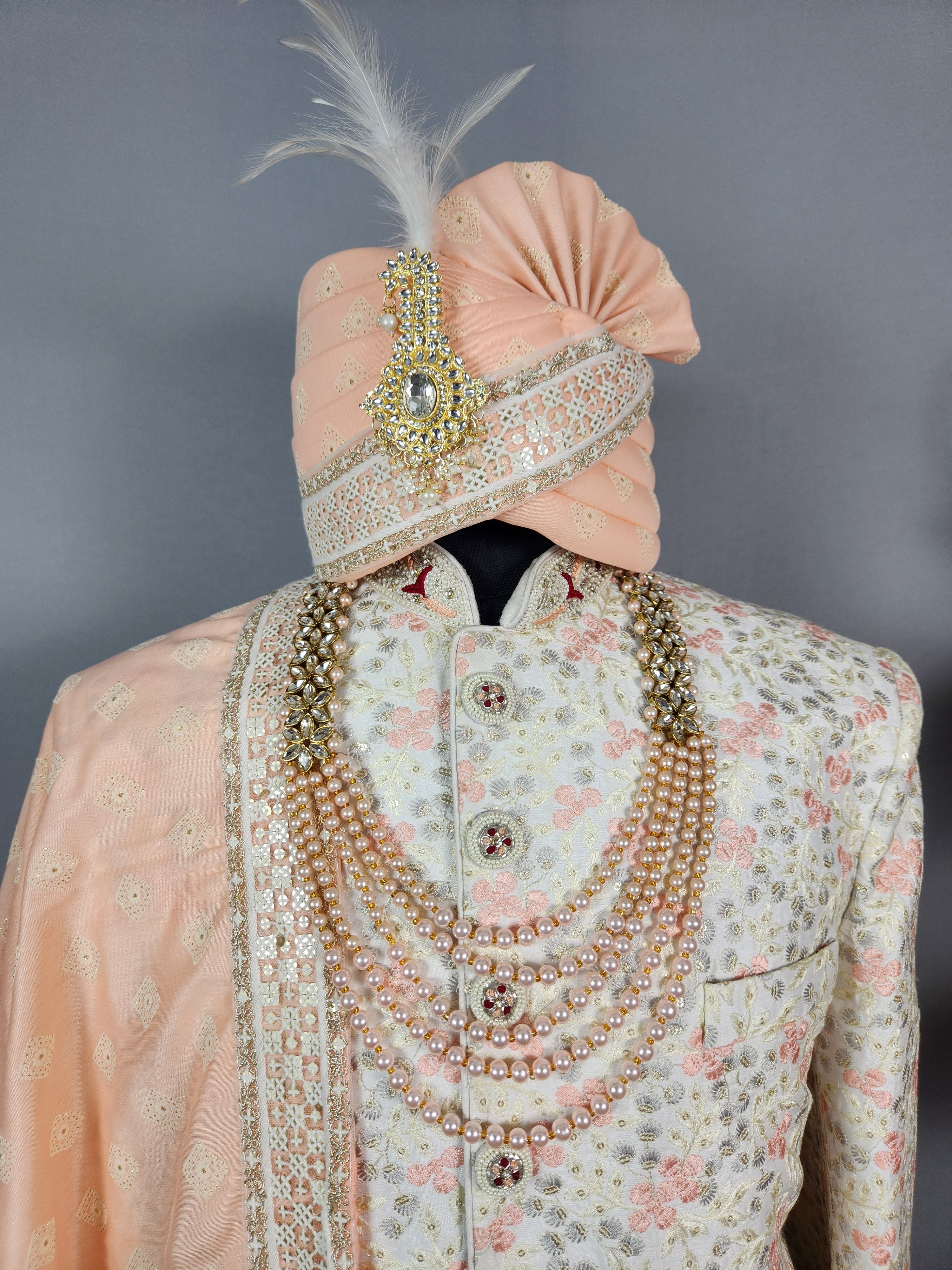 White Wedding Groom Sherwani - Pink Thread Embroidery | Sherwani For Men