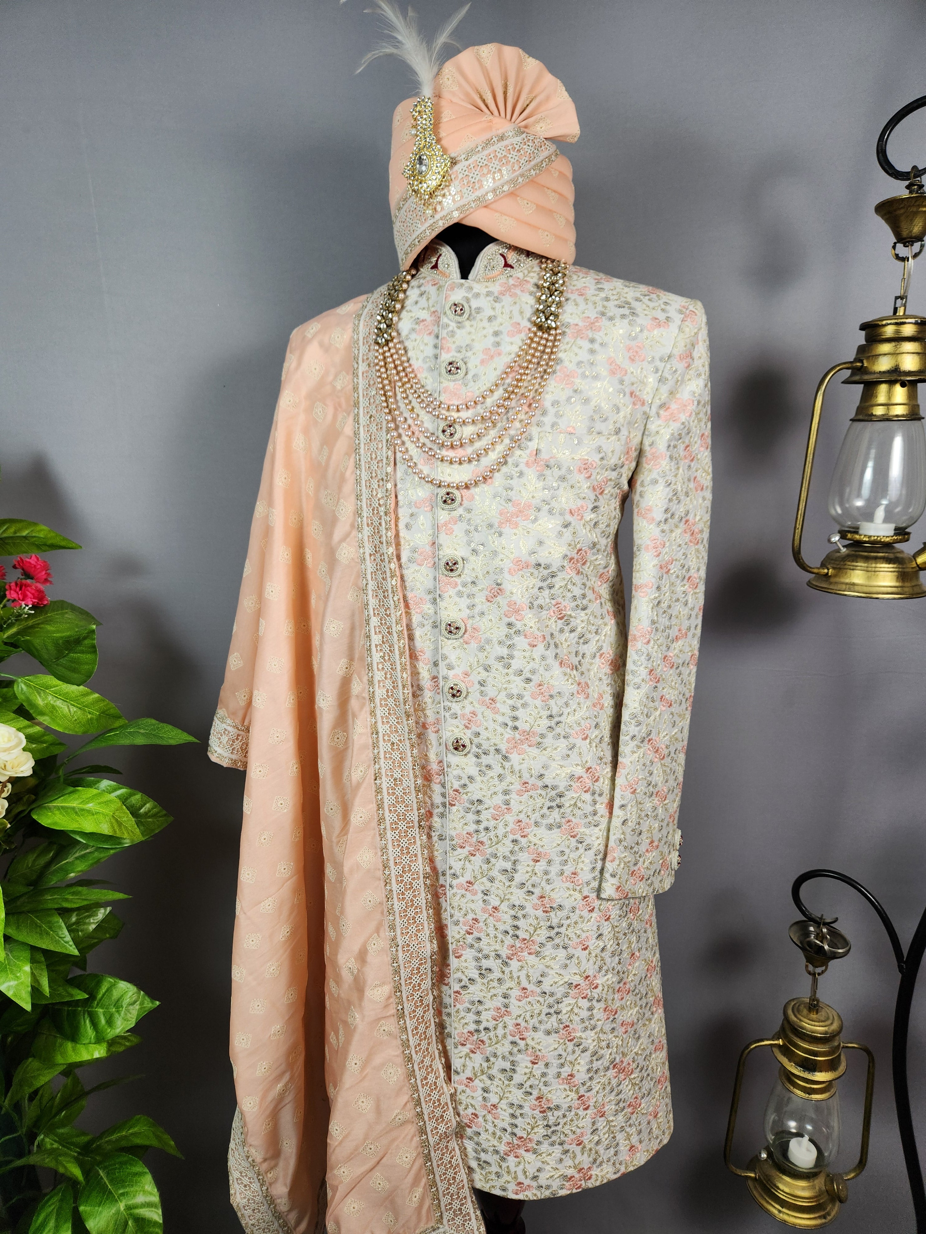 White Wedding Groom Sherwani - Pink Thread Embroidery | Sherwani For Men