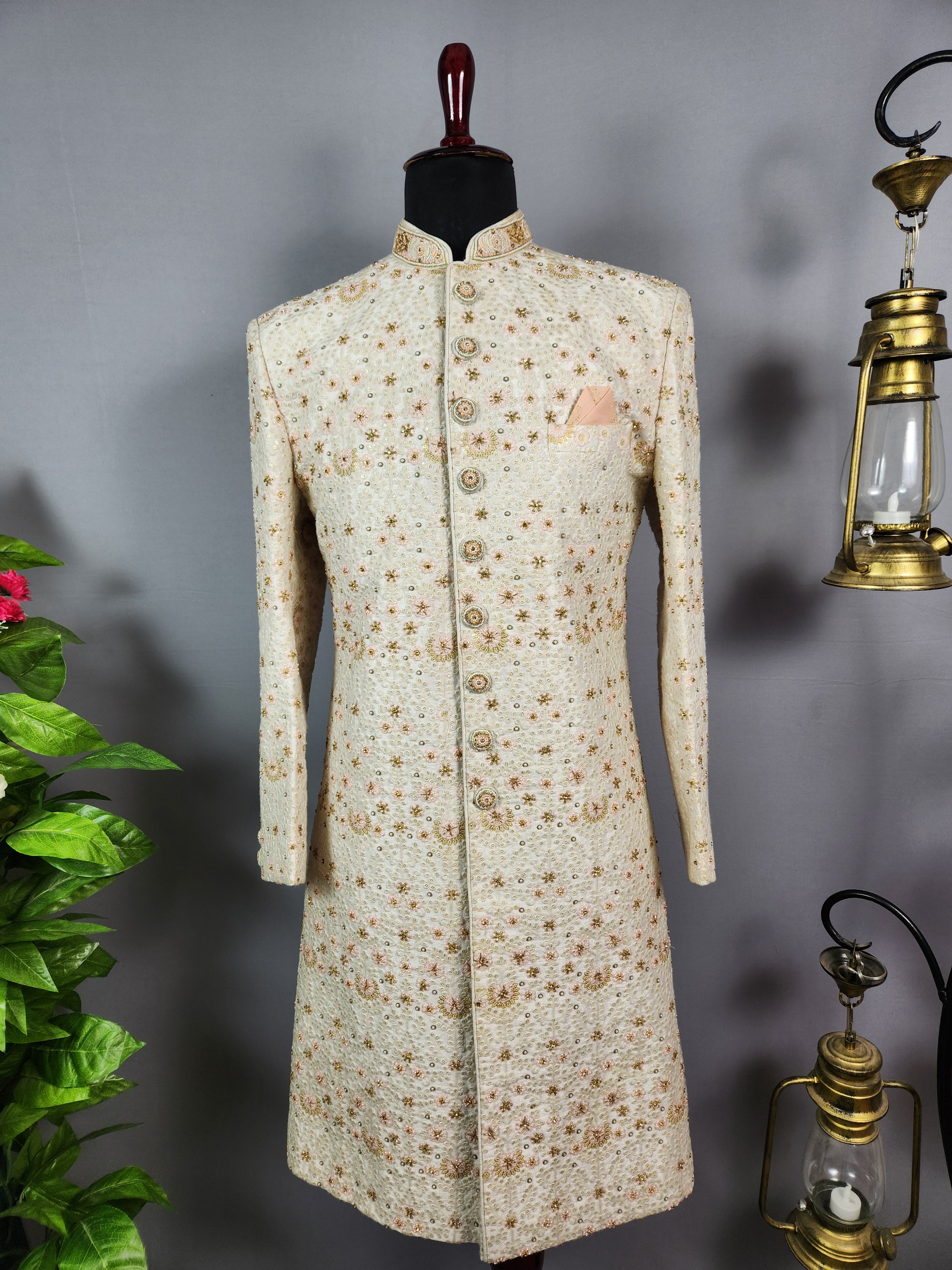 White Wedding Groom Sherwani - Beads, Glass Work | Sherwani For Men