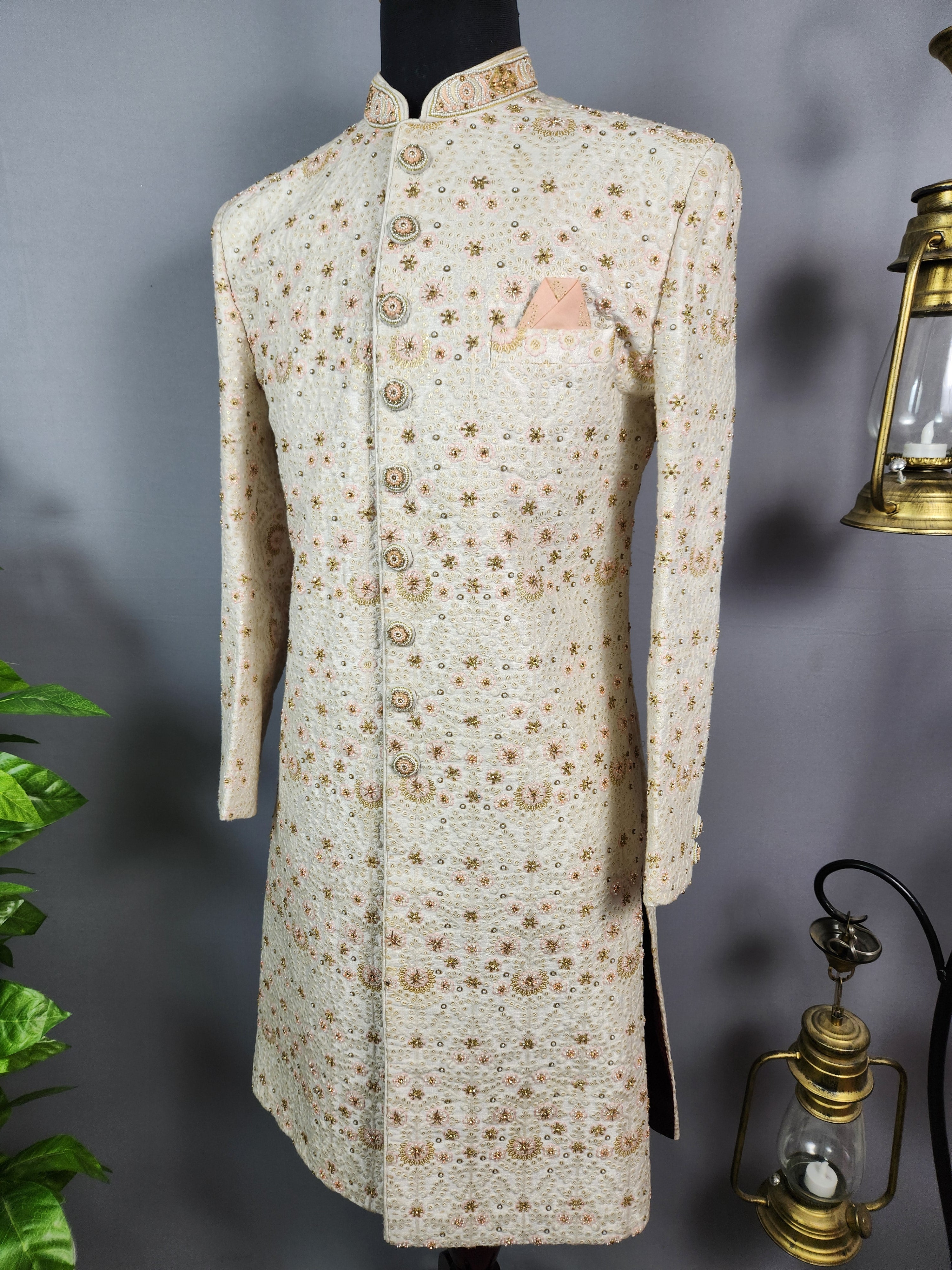 White Wedding Groom Sherwani - Beads, Glass Work | Sherwani For Men