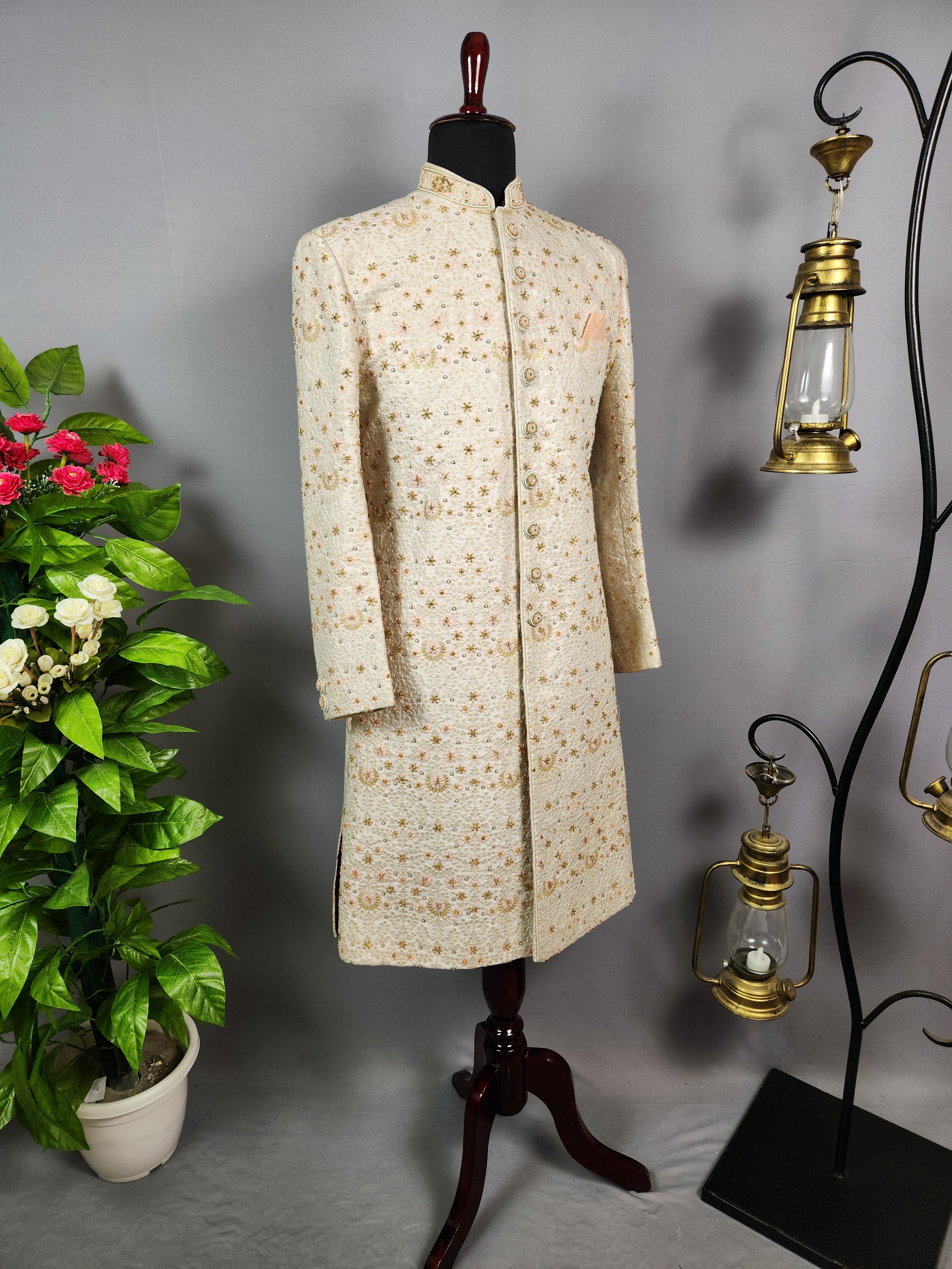 White Wedding Groom Sherwani - Beads, Glass Work | Sherwani For Men