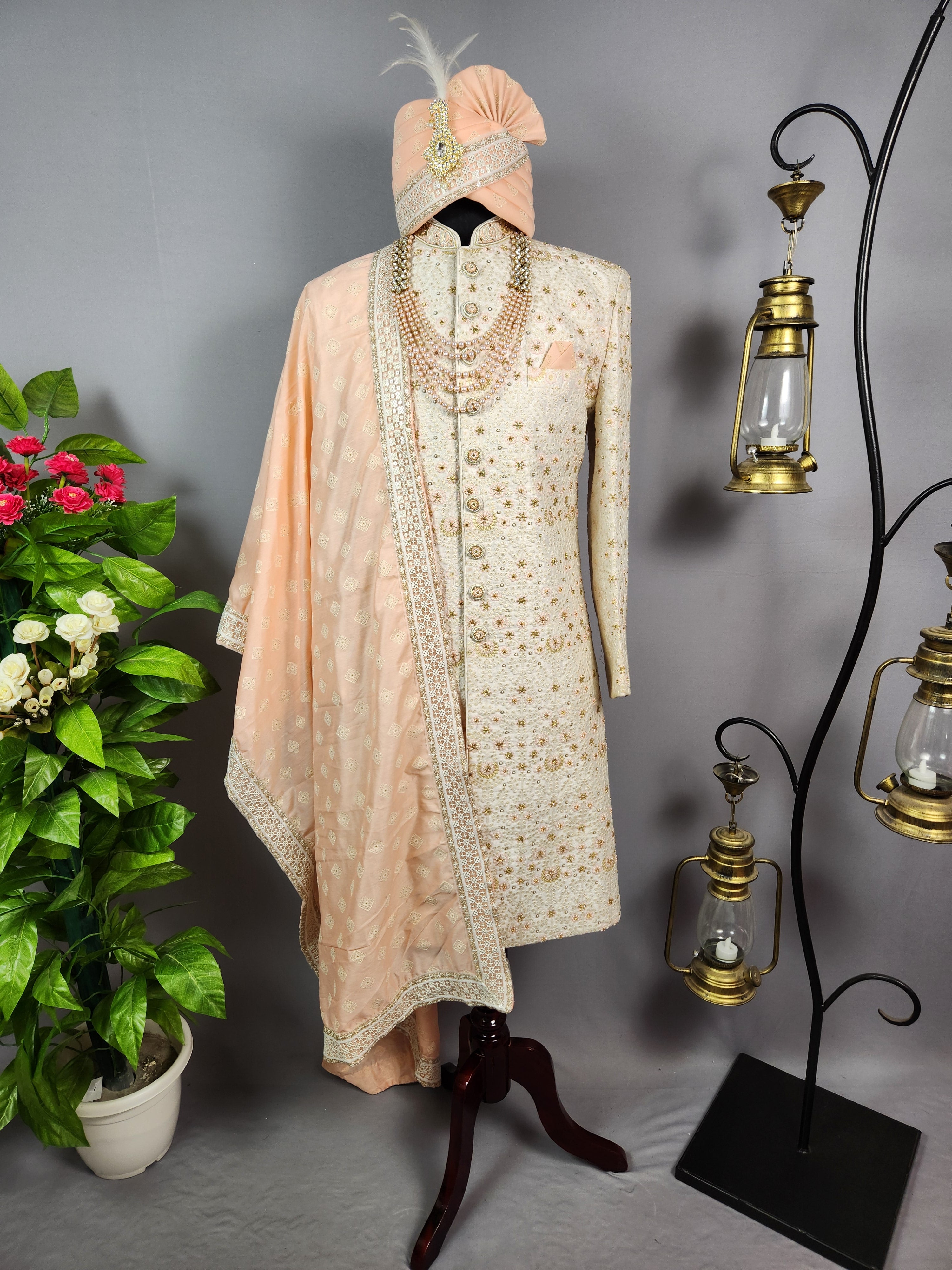 White Wedding Groom Sherwani - Beads, Glass Work | Sherwani For Men
