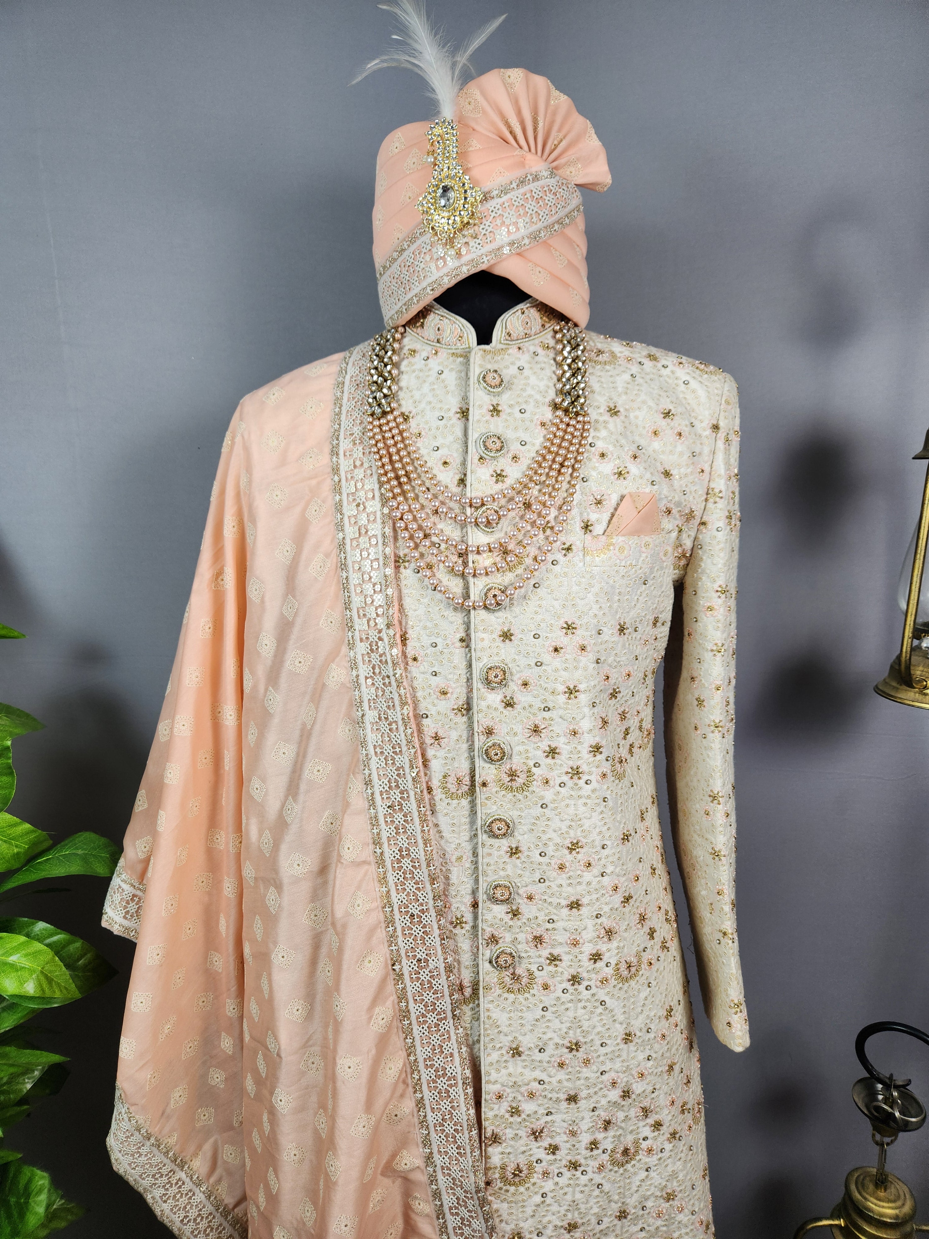 White Wedding Groom Sherwani - Beads, Glass Work | Sherwani For Men
