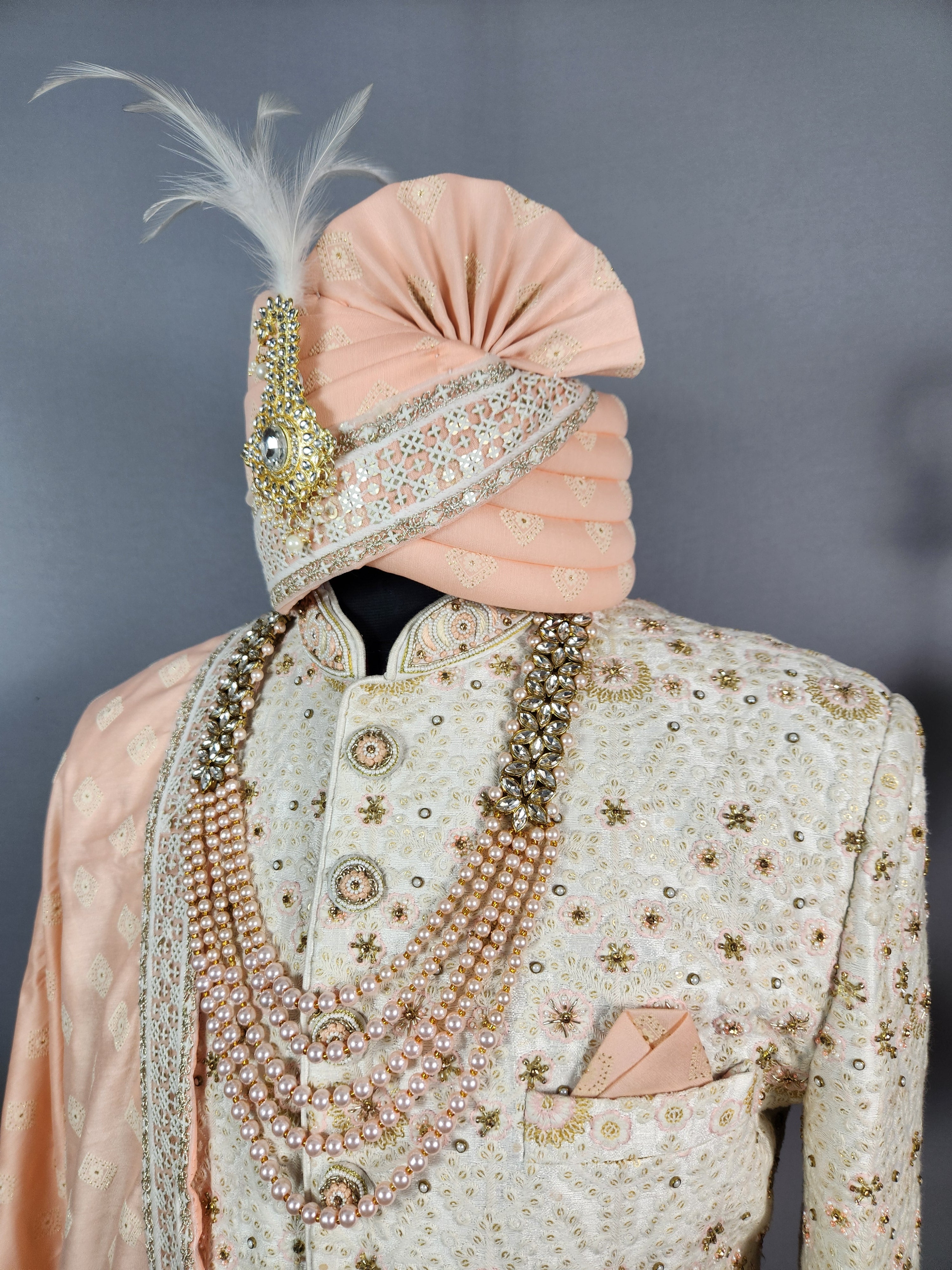 White Wedding Groom Sherwani - Beads, Glass Work | Sherwani For Men