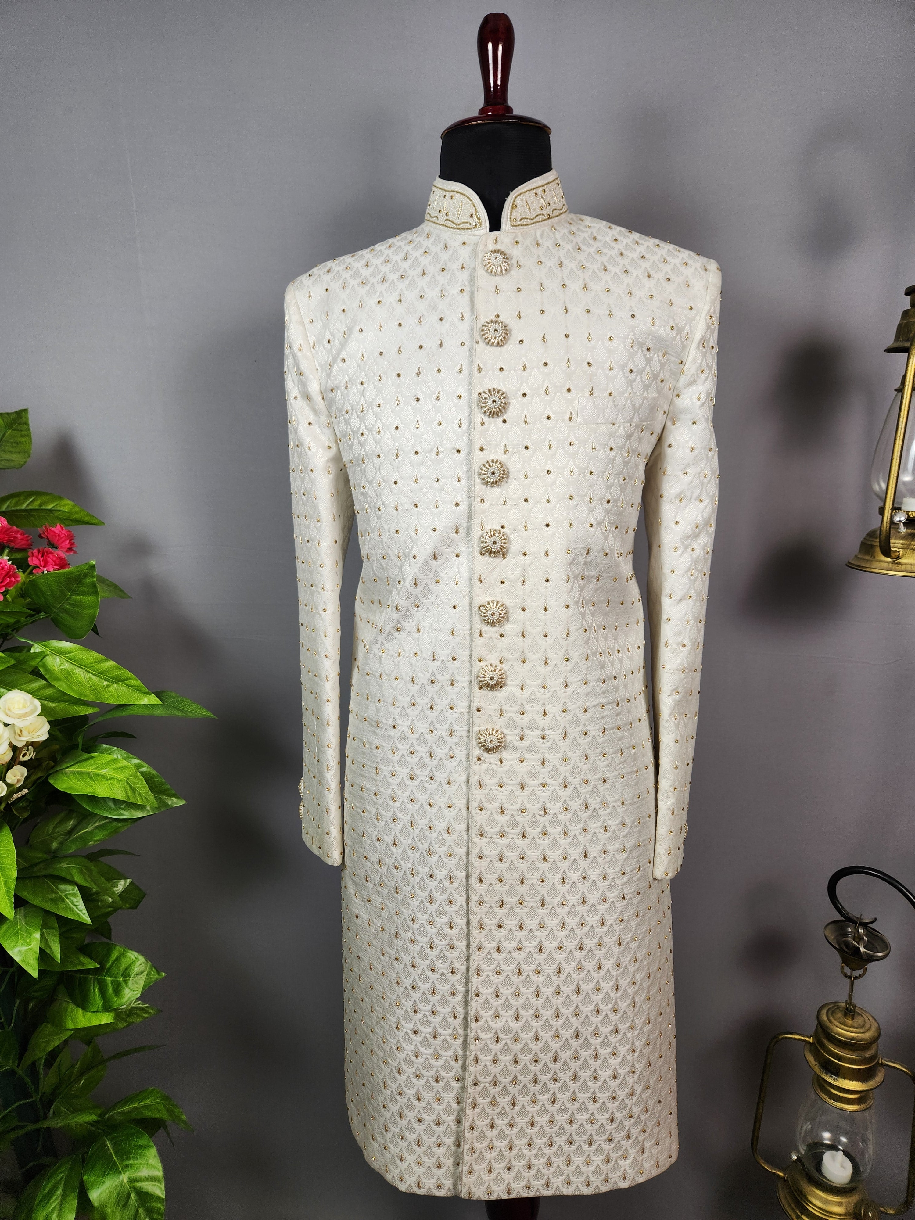 White Wedding Groom Sherwani - Zardozi Diamond Work | Sherwani For Men