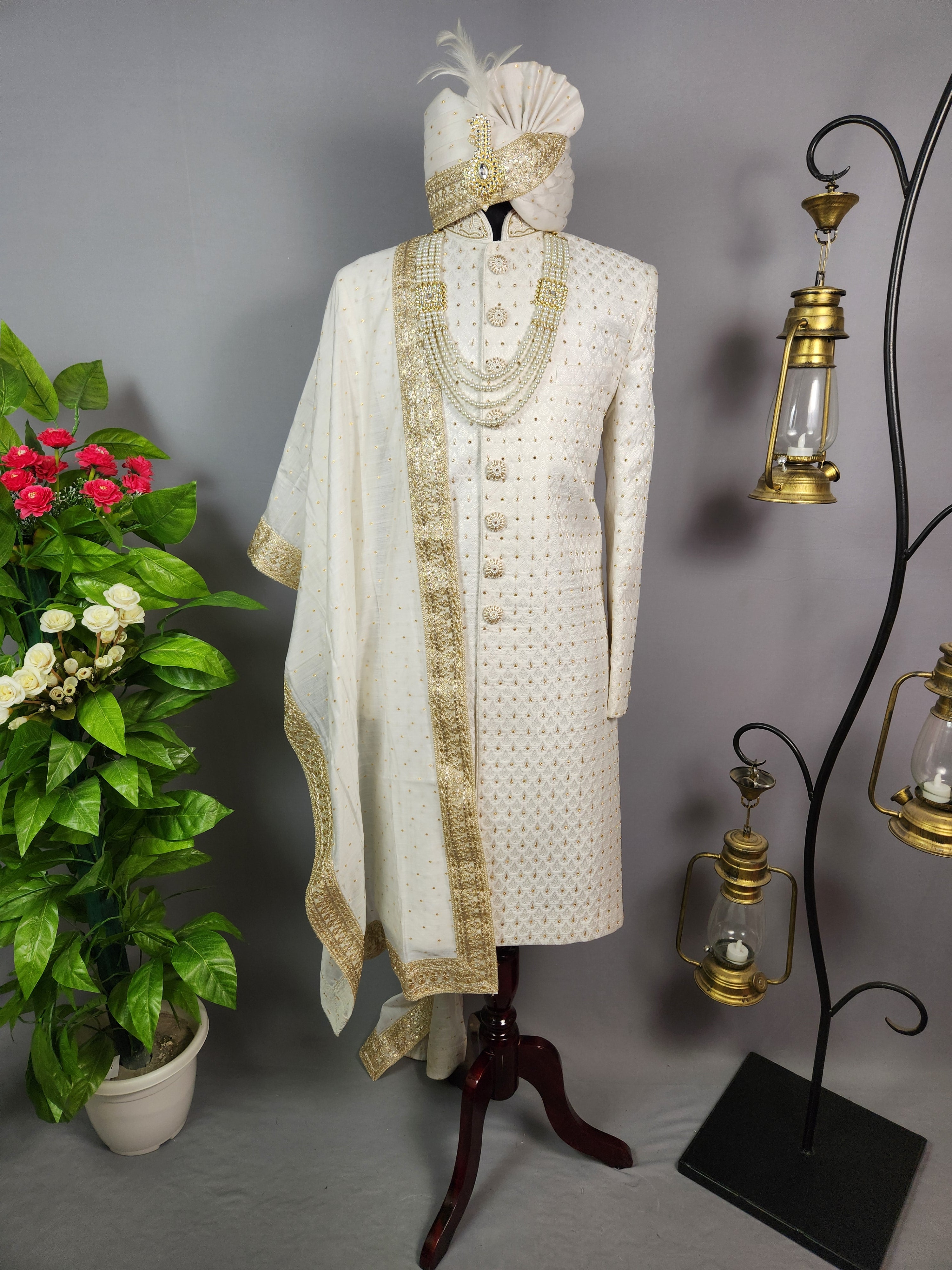 White Wedding Groom Sherwani - Zardozi Diamond Work | Sherwani For Men