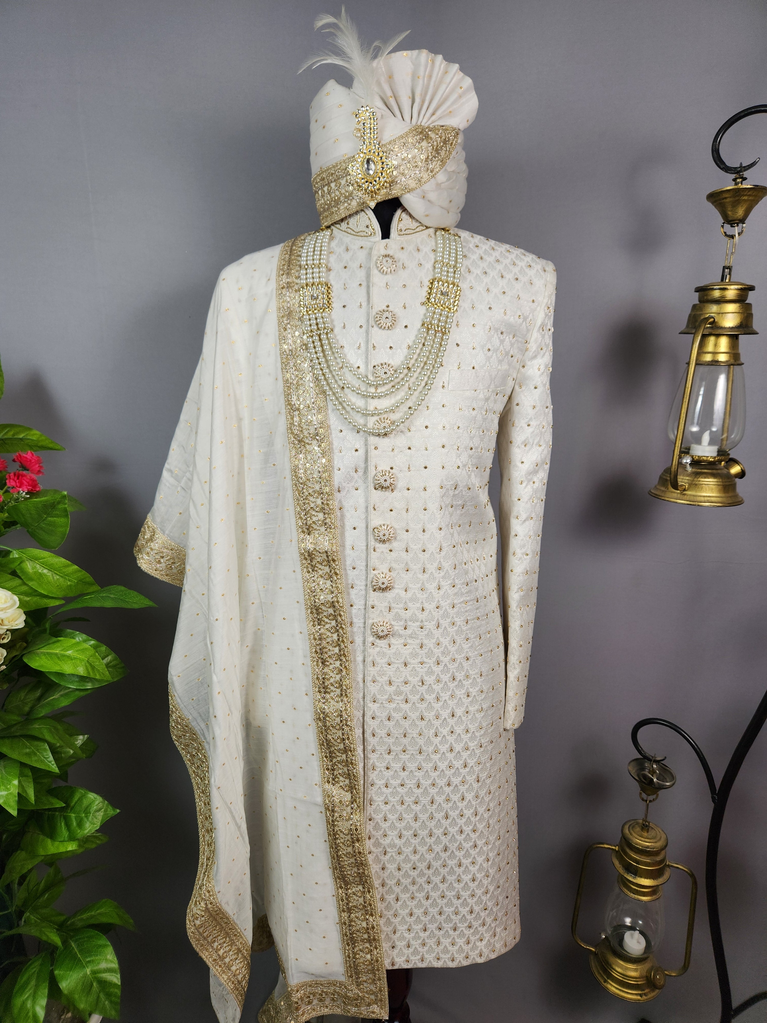 White Wedding Groom Sherwani - Zardozi Diamond Work | Sherwani For Men