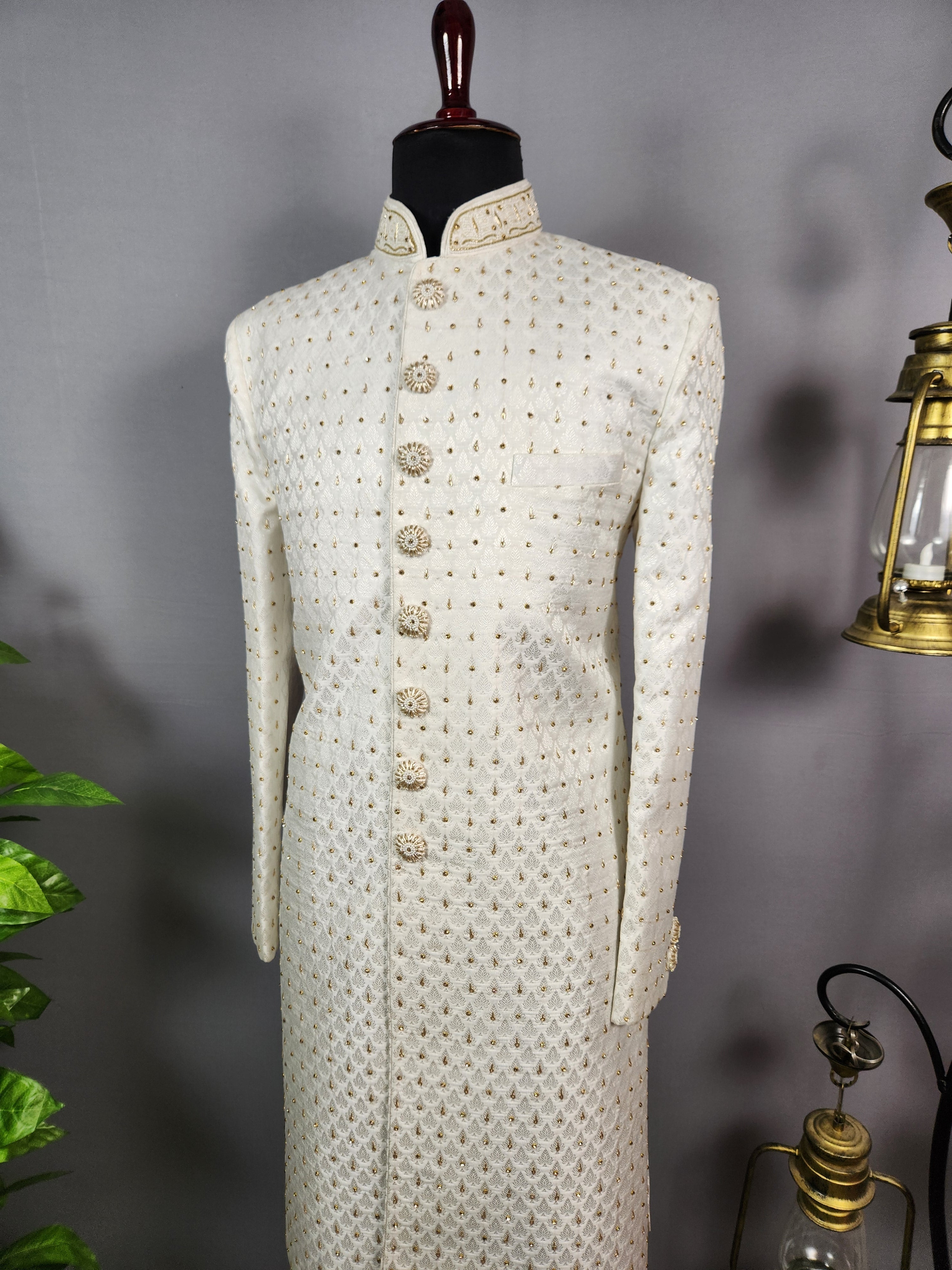 White Wedding Groom Sherwani - Zardozi Diamond Work | Sherwani For Men