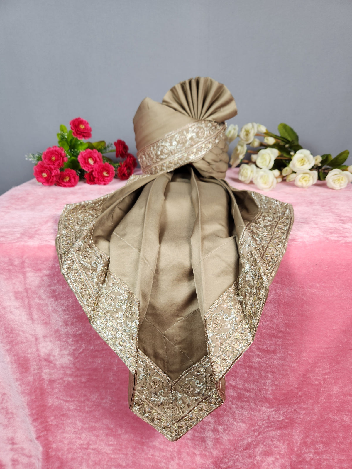 Golden Brown Groom Turban Shawl | Dupatta Safa Set For Men