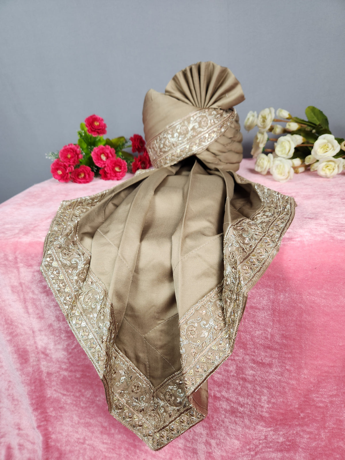 Golden Brown Groom Turban Shawl | Dupatta Safa Set For Men