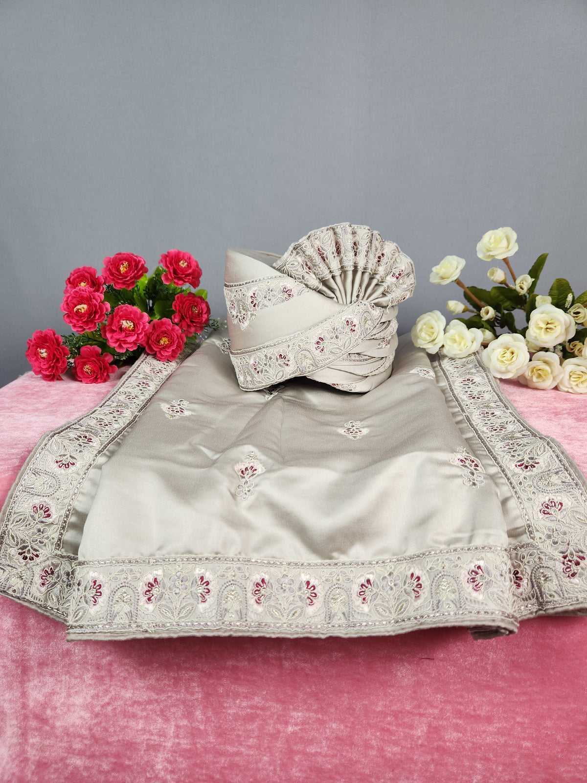Lavender Groom Turban Shawl Set With Red Touch Up | Dupatta Safa Set For Men