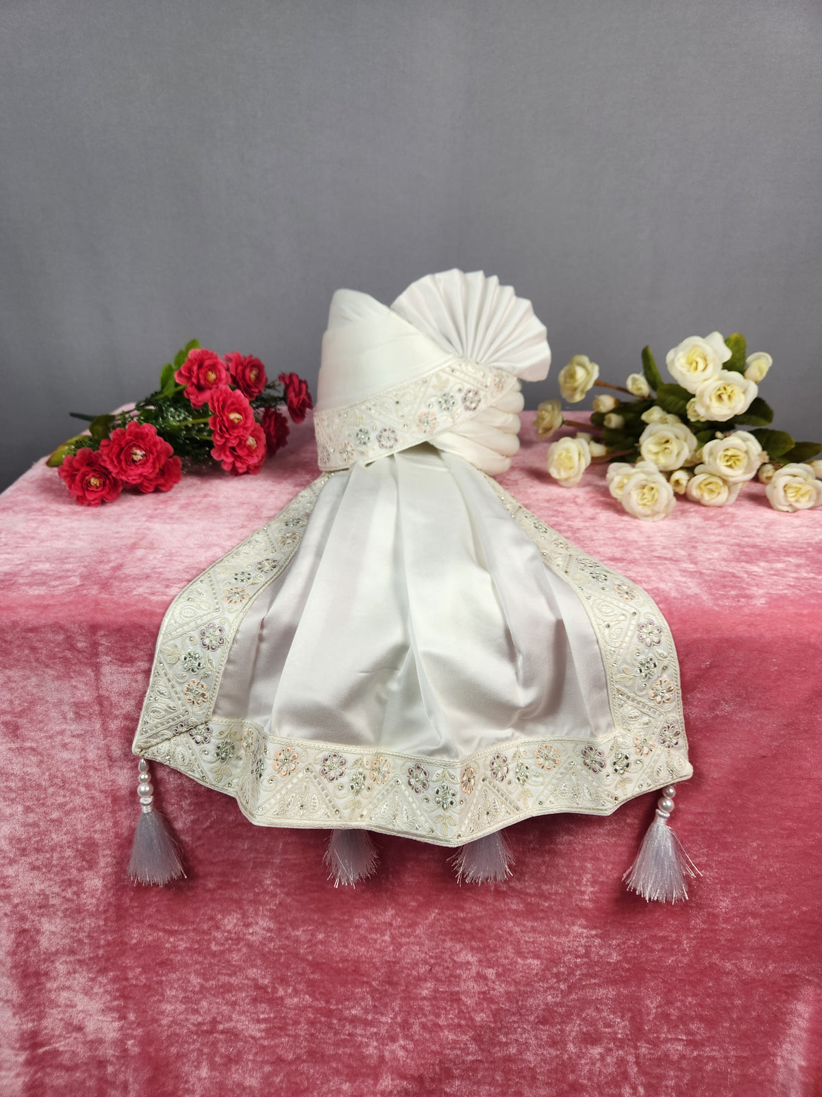 White Groom Turban Shawl With White Diamonds | Dupatta Safa Set For Men