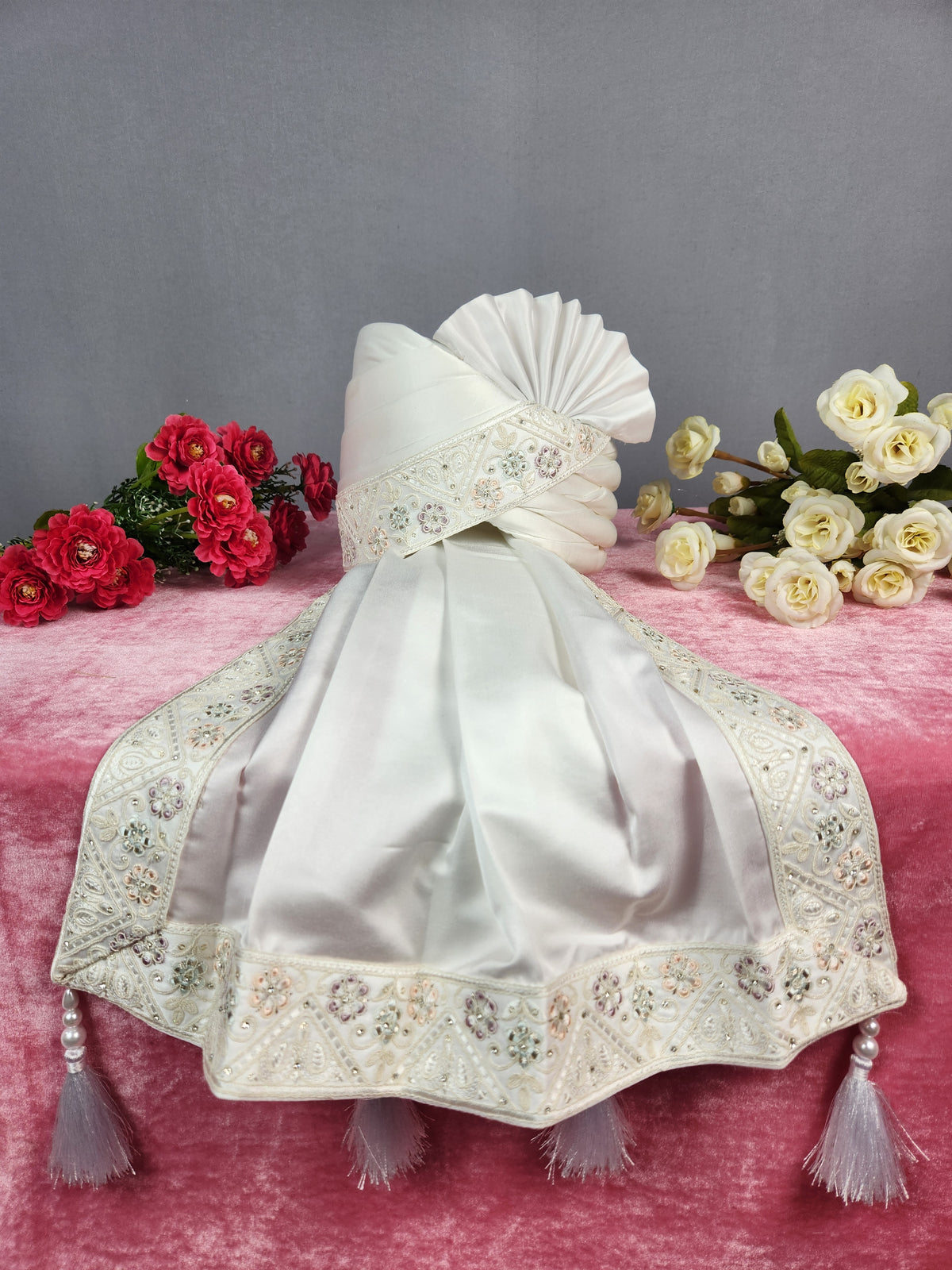 White Groom Turban Shawl With White Diamonds | Dupatta Safa Set For Men