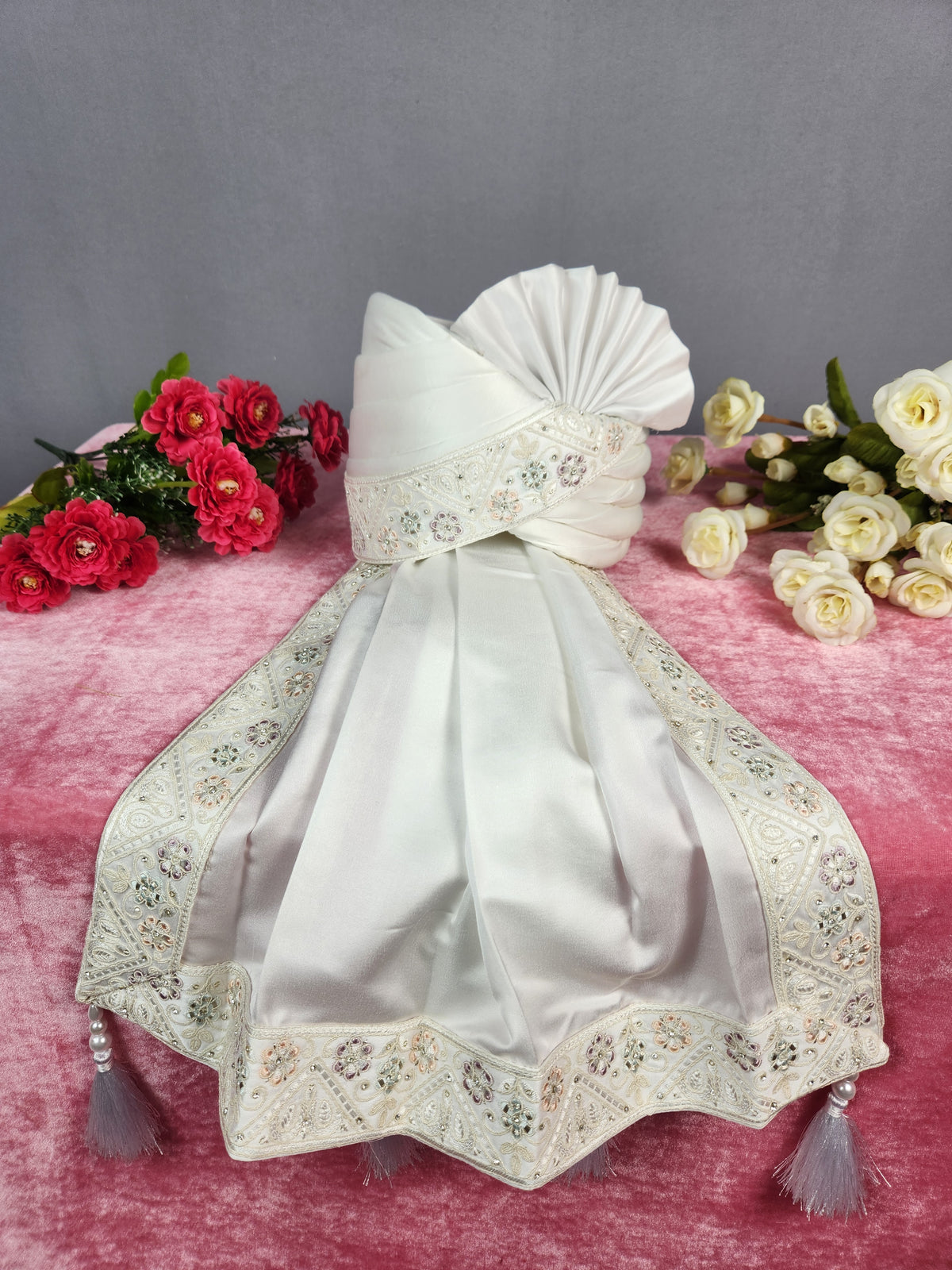 White Groom Turban Shawl With White Diamonds | Dupatta Safa Set For Men