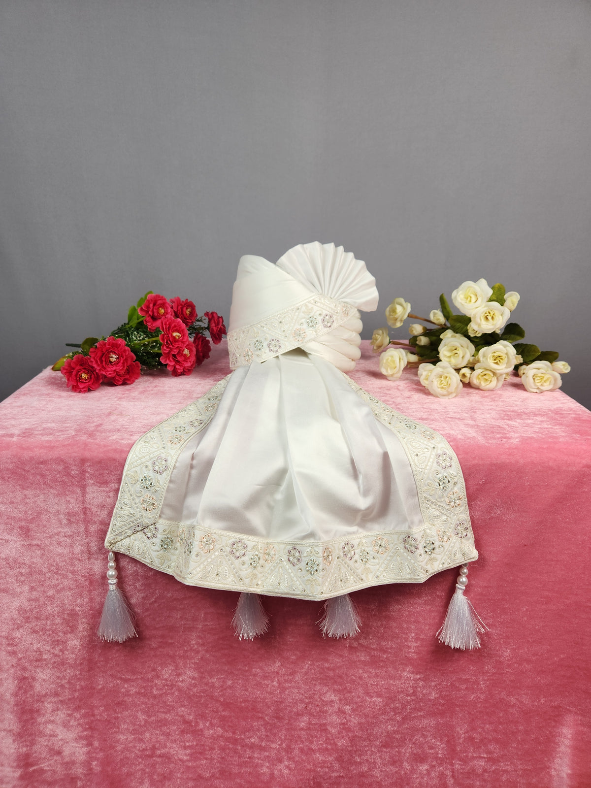 White Groom Turban Shawl With White Diamonds | Dupatta Safa Set For Men