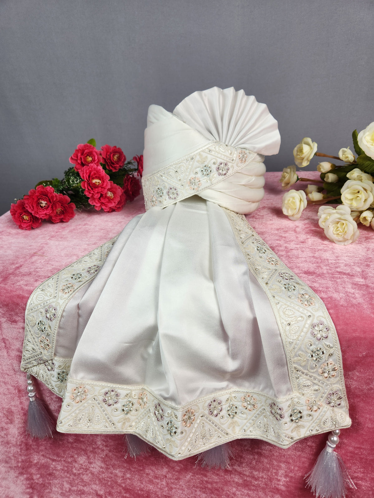 White Groom Turban Shawl With White Diamonds | Dupatta Safa Set For Men