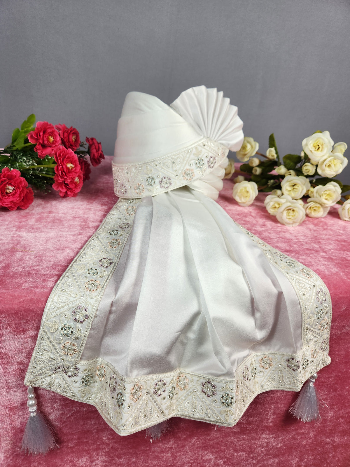 White Groom Turban Shawl With White Diamonds | Dupatta Safa Set For Men