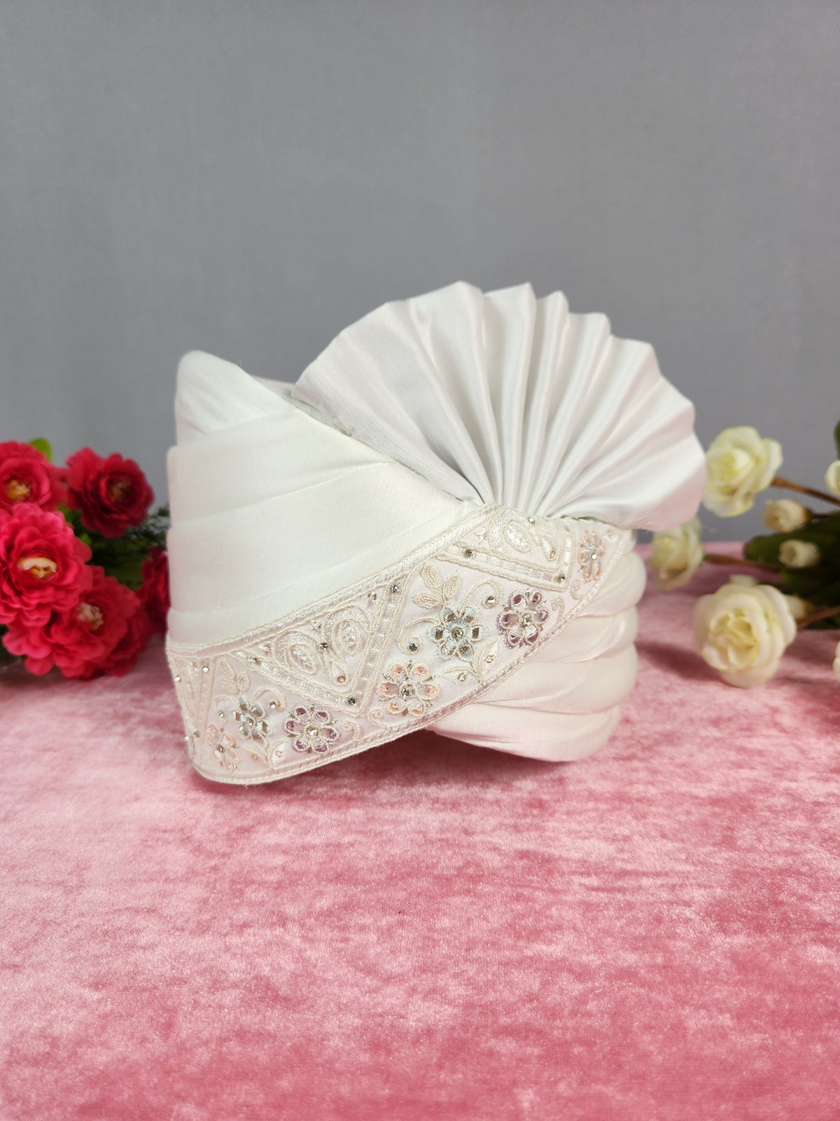 White Groom Turban Shawl With White Diamonds | Dupatta Safa Set For Men