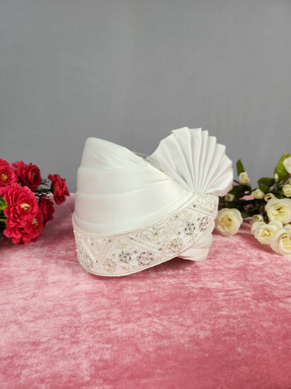 White Groom Turban Shawl With White Diamonds | Dupatta Safa Set For Men
