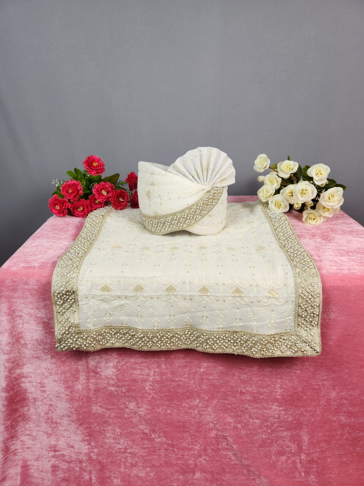 White Groom Turban Shawl With Pearl Work | Dupatta Safa Set For Men