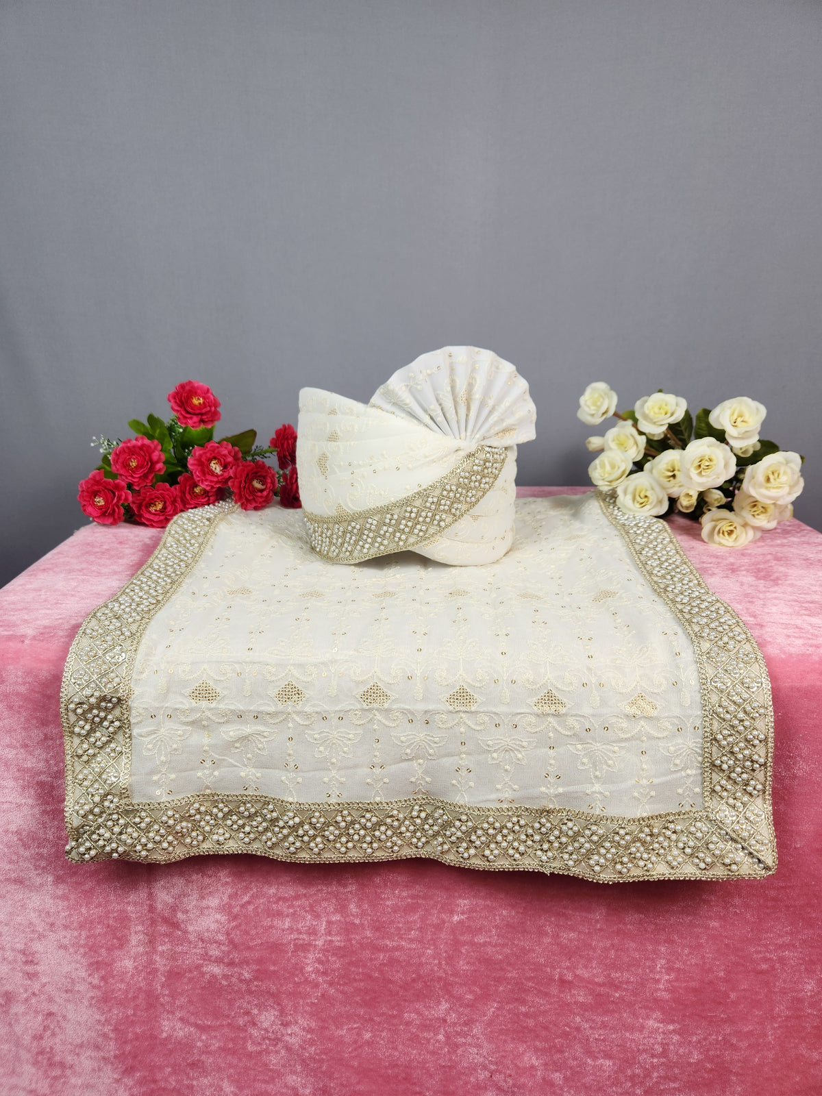 White Groom Turban Shawl With Pearl Work | Dupatta Safa Set For Men