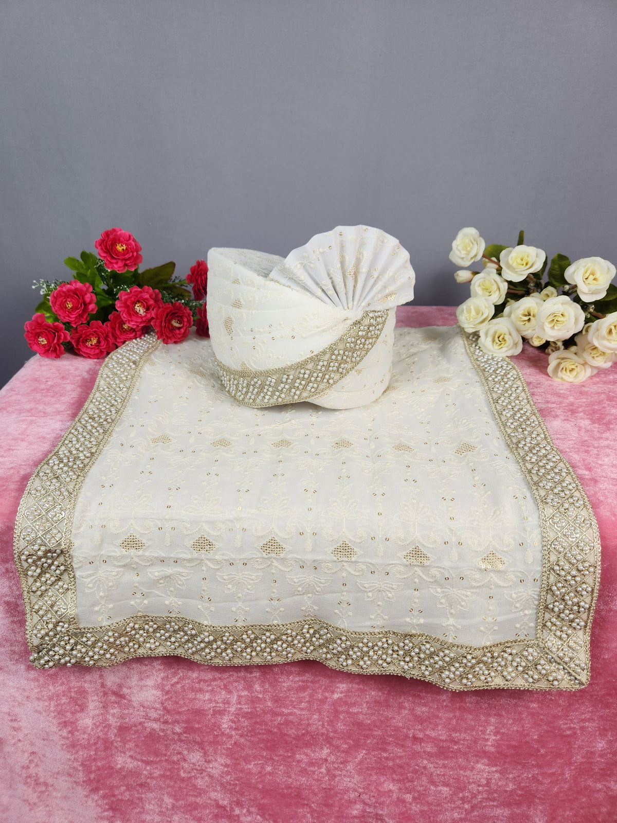 White Groom Turban Shawl With Pearl Work | Dupatta Safa Set For Men