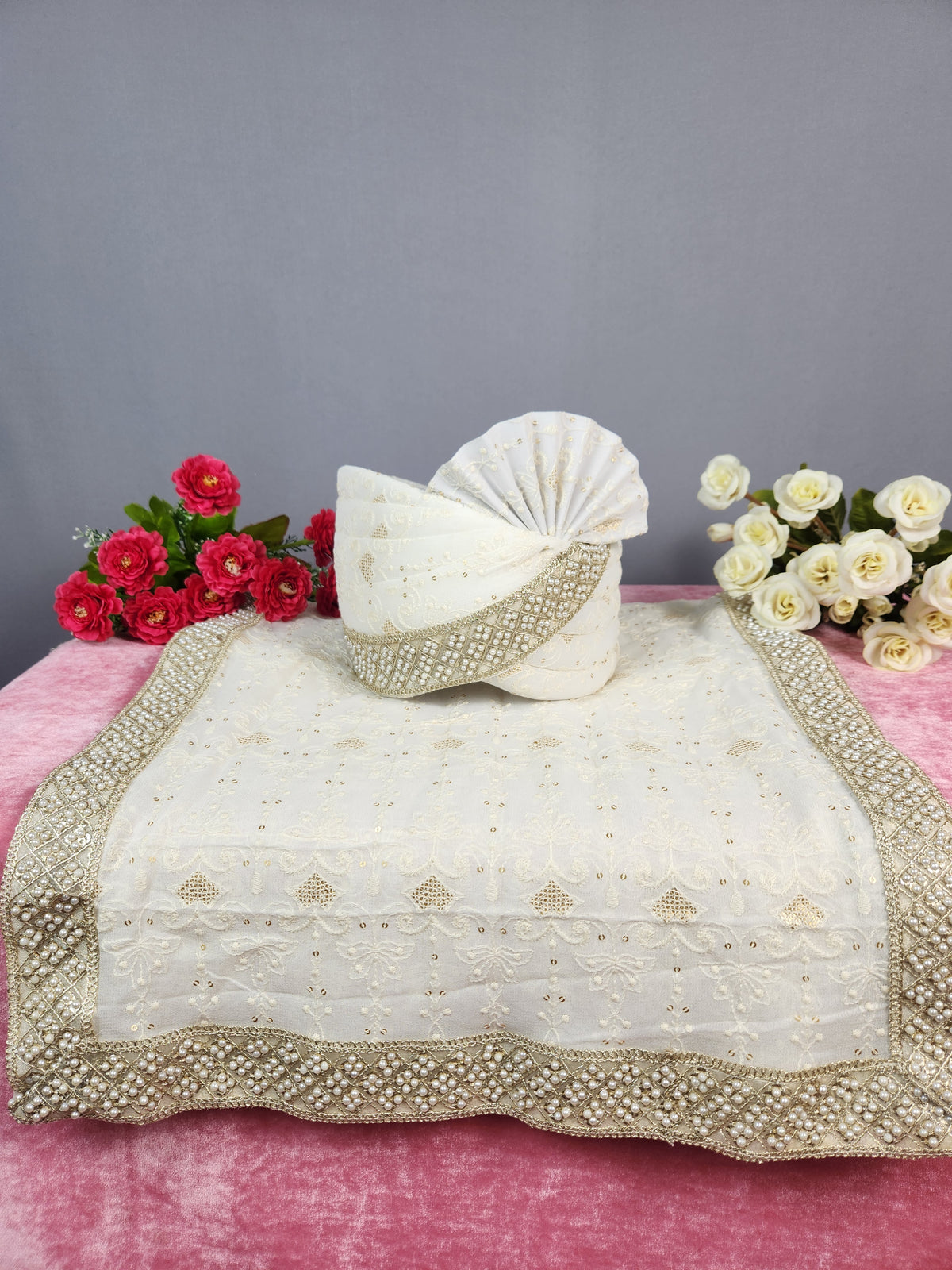 White Groom Turban Shawl With Pearl Work | Dupatta Safa Set For Men