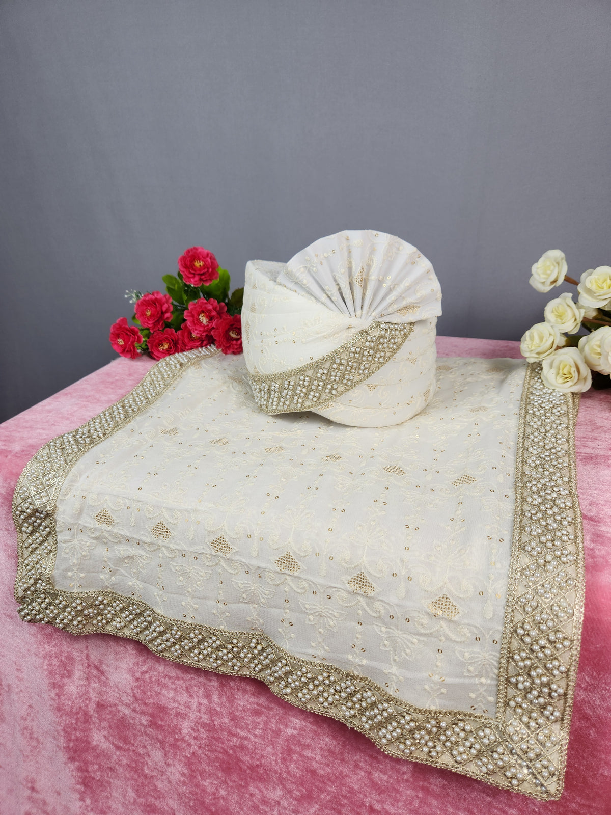 White Groom Turban Shawl With Pearl Work | Dupatta Safa Set For Men