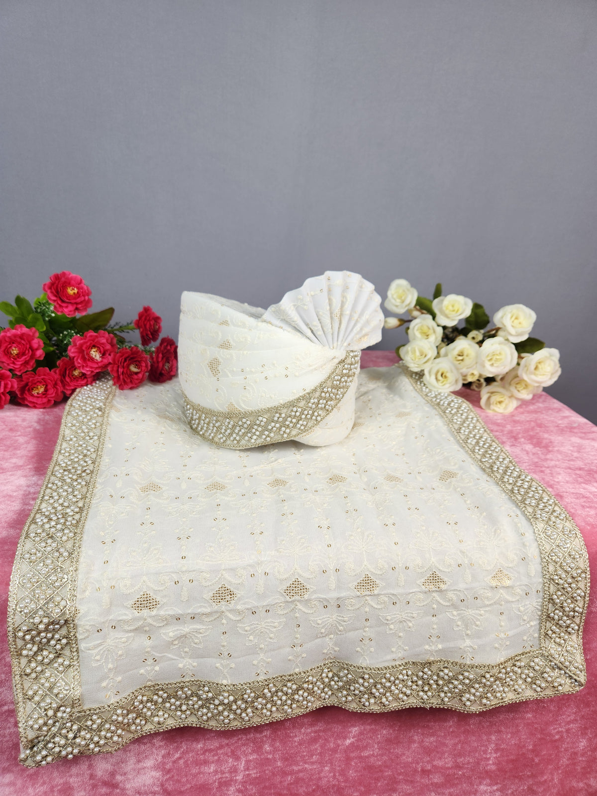 White Groom Turban Shawl With Pearl Work | Dupatta Safa Set For Men