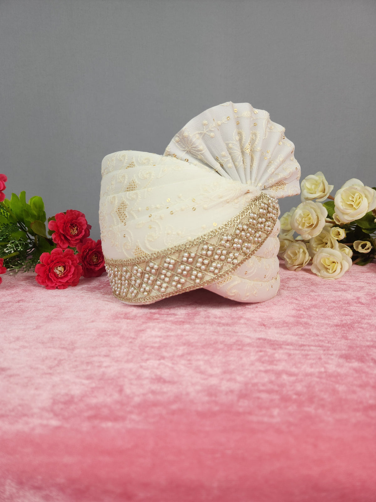 White Groom Turban Shawl With Pearl Work | Dupatta Safa Set For Men