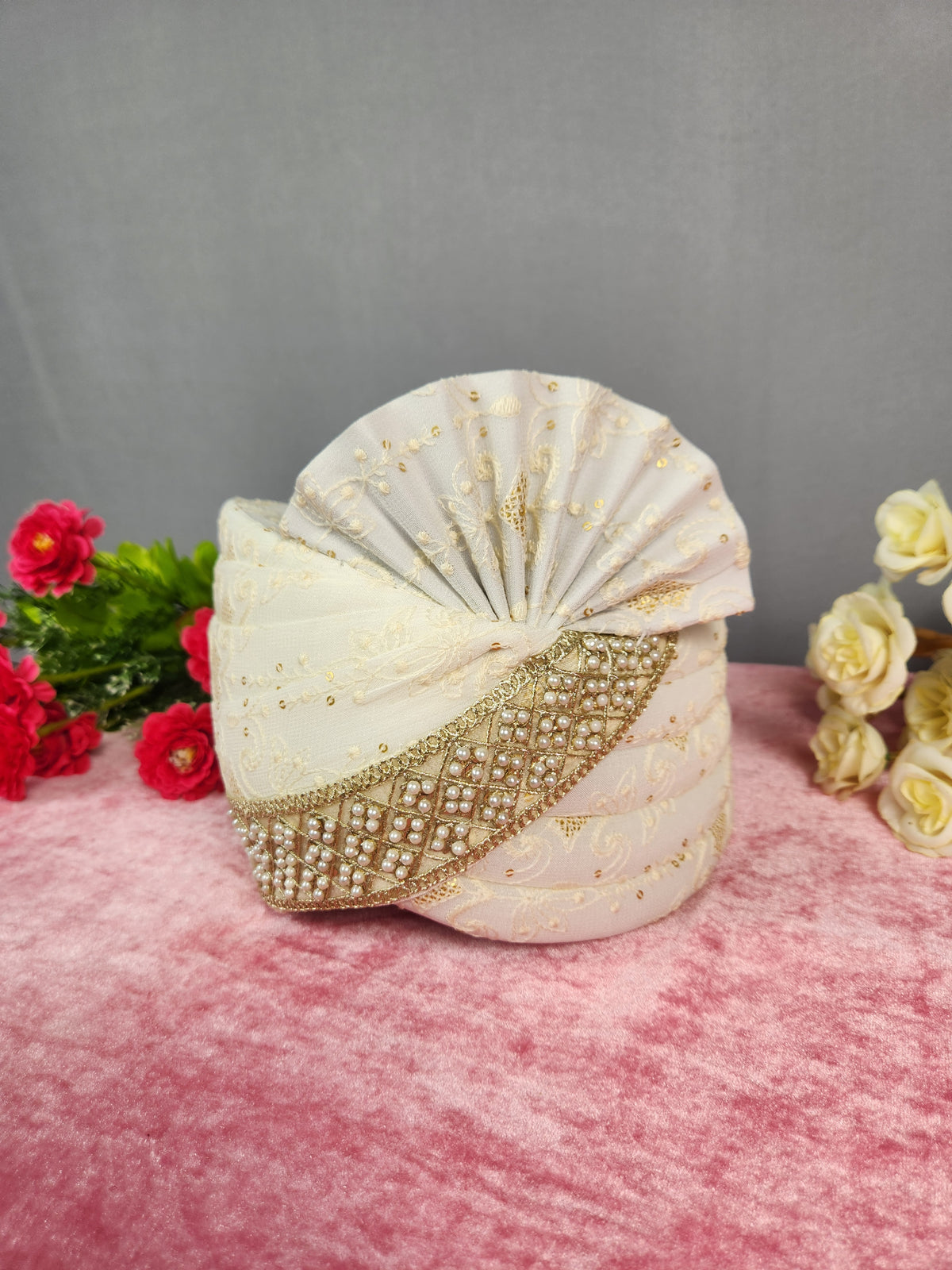 White Groom Turban Shawl With Pearl Work | Dupatta Safa Set For Men
