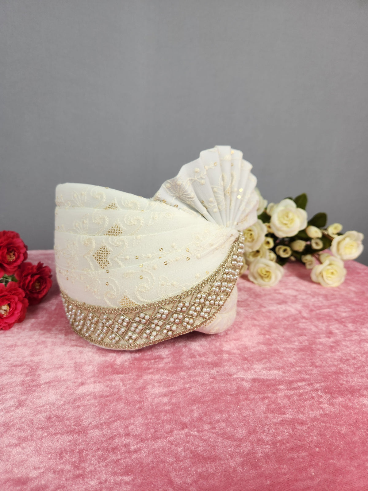 White Groom Turban Shawl With Pearl Work | Dupatta Safa Set For Men