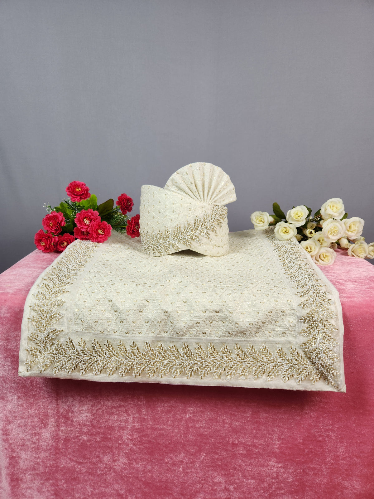 White Groom Turban Shawl With Beads Work | Dupatta Safa Set For Men