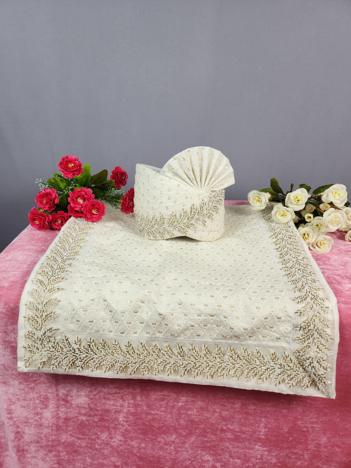 White Groom Turban Shawl With Beads Work | Dupatta Safa Set For Men